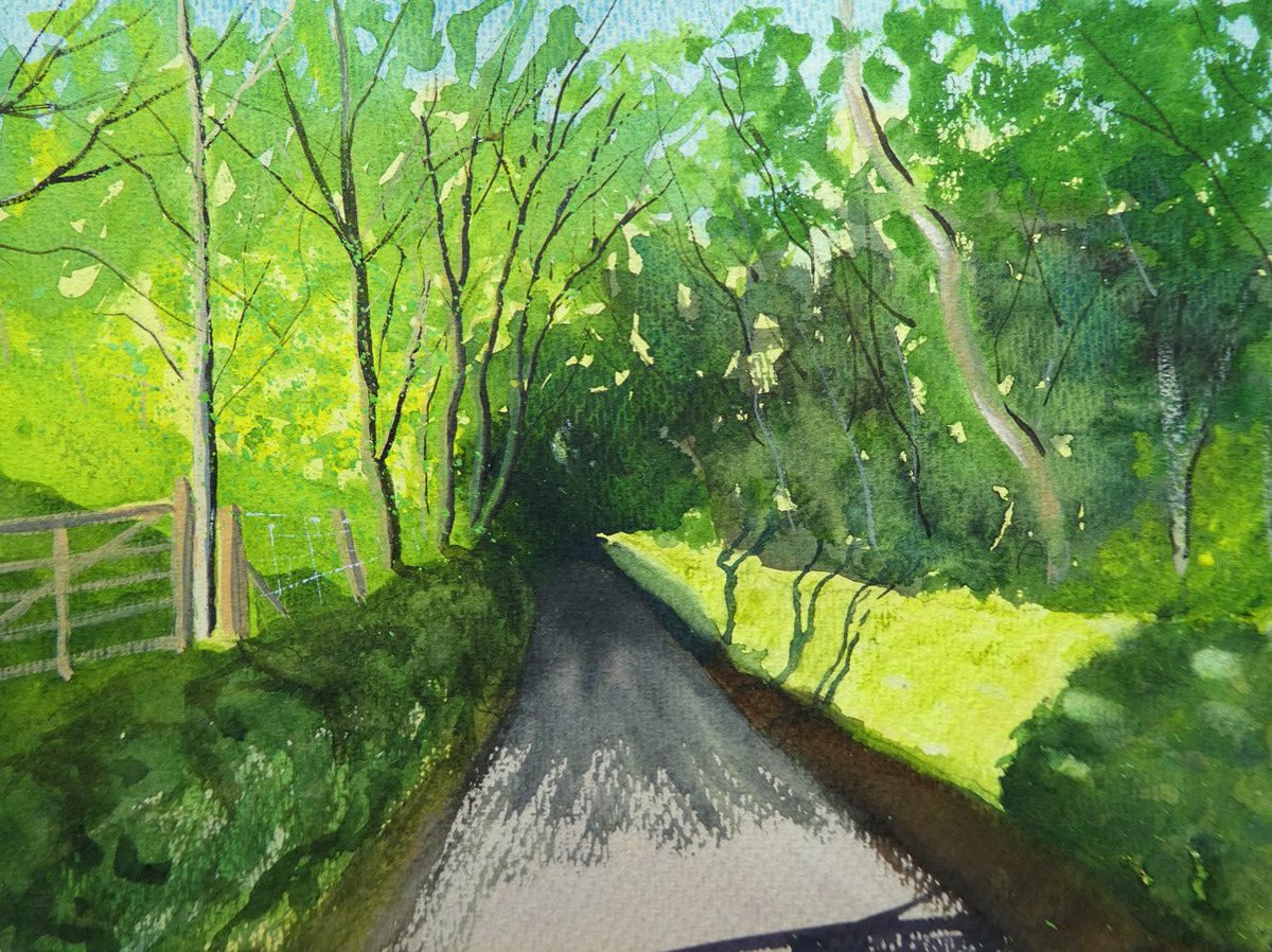 Watercolour of Dog Hill Brow, the very narrow road from Stainforth village to Little Stainforth, crossing the Ribble. Early morning sun highlighting the moss covered dry stone wall.