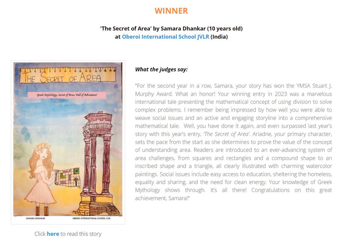 MathsStories's tweet photo. We're pleased to announce the winner of our 2024 Stuart J. Murphy Award (part of our Young Mathematical Story Authors competition) is Samara Dhankar (10 yrs old) from Oberoi International School JVLR (India) for her 'The Secret of Area' entry https://t.co/s9s4vlJRaN #YMSAMaths 👏 https://t.co/HC31DLI446