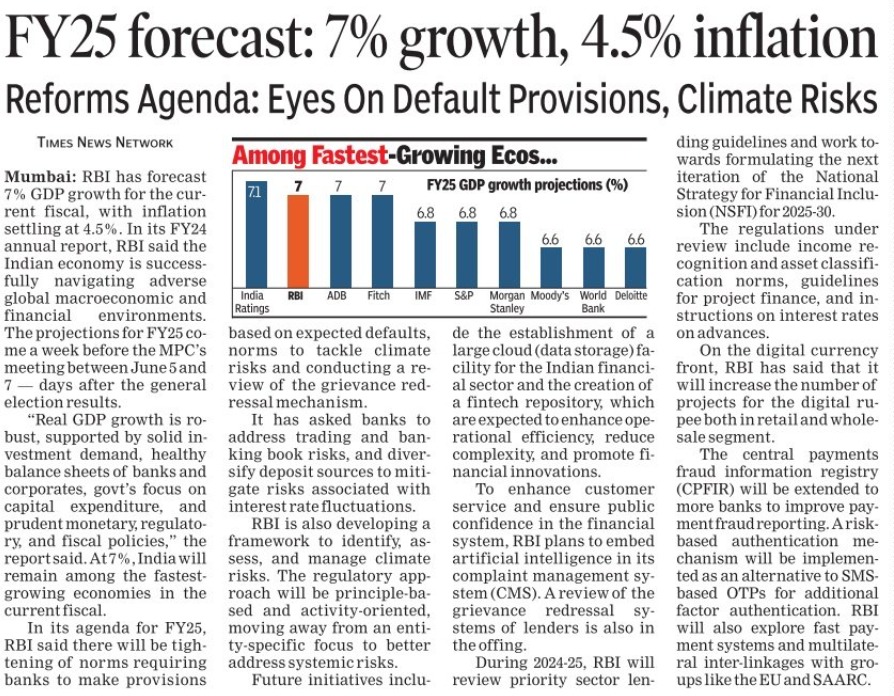 #UttarPradesh #InNews RBI has forecast 7% GDP growth for the current fiscal, with inflation settling at 4.5%. In its #FY24 annual report, #RBI said the #Indian #economy is successfully navigating adverse #global macroeconomic and #financial environments. #InvestInUP