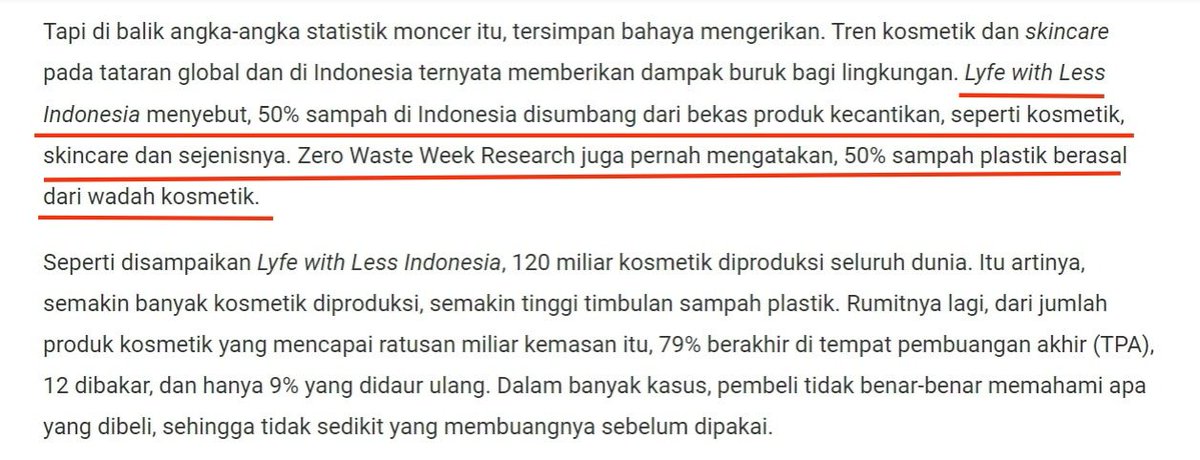 kalian tau ga sih ternyata sampah kosmetik makin hari makin bertambah. Menurut artikel 79% dari miliaran kosmetik berakhir di TPA. Gak kebayang impactnya buat lingkungan🥺

aku super appreciate sm brand lokal satu ini yg gak hanya mikirin produk tapi juga ramah lingkungan🥰