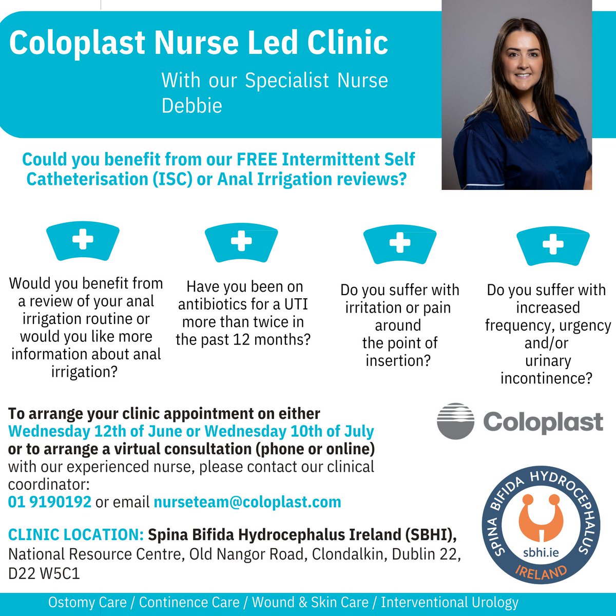 Spina Bifida Hydrocephalus Ireland (SBHI) (@sbhireland) on Twitter photo Here are the dates for our upcoming <a href="/Coloplast_UK/">Coloplast UK & Ireland</a> Clinics!
Wednesday 12th of June and Wednesday 10th of July
To arrange your clinic or virtual consultation (phone or online) please contact the clinical coordinator on
01 9190192 or email nurseteam@coloplast.com Here are the dates for our upcoming <a href="/Coloplast_UK/">Coloplast UK & Ireland</a> Clinics!
Wednesday 12th of June and Wednesday 10th of July
To arrange your clinic or virtual consultation (phone or online) please contact the clinical coordinator on
01 9190192 or email nurseteam@coloplast.com