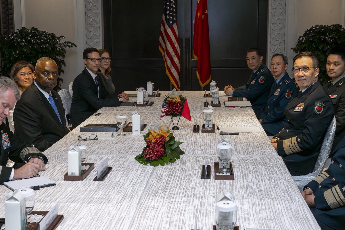 US Defence Secretary Lloyd Austin and Chinese Defence Minister Dong Jun conclude their meeting. 

- US expressed concern over drills around Taiwan (Pentagon)
-  importance of mil-to-mil communication, incl talks between theatre commanders 
-US reiterates Freedom of Navigation