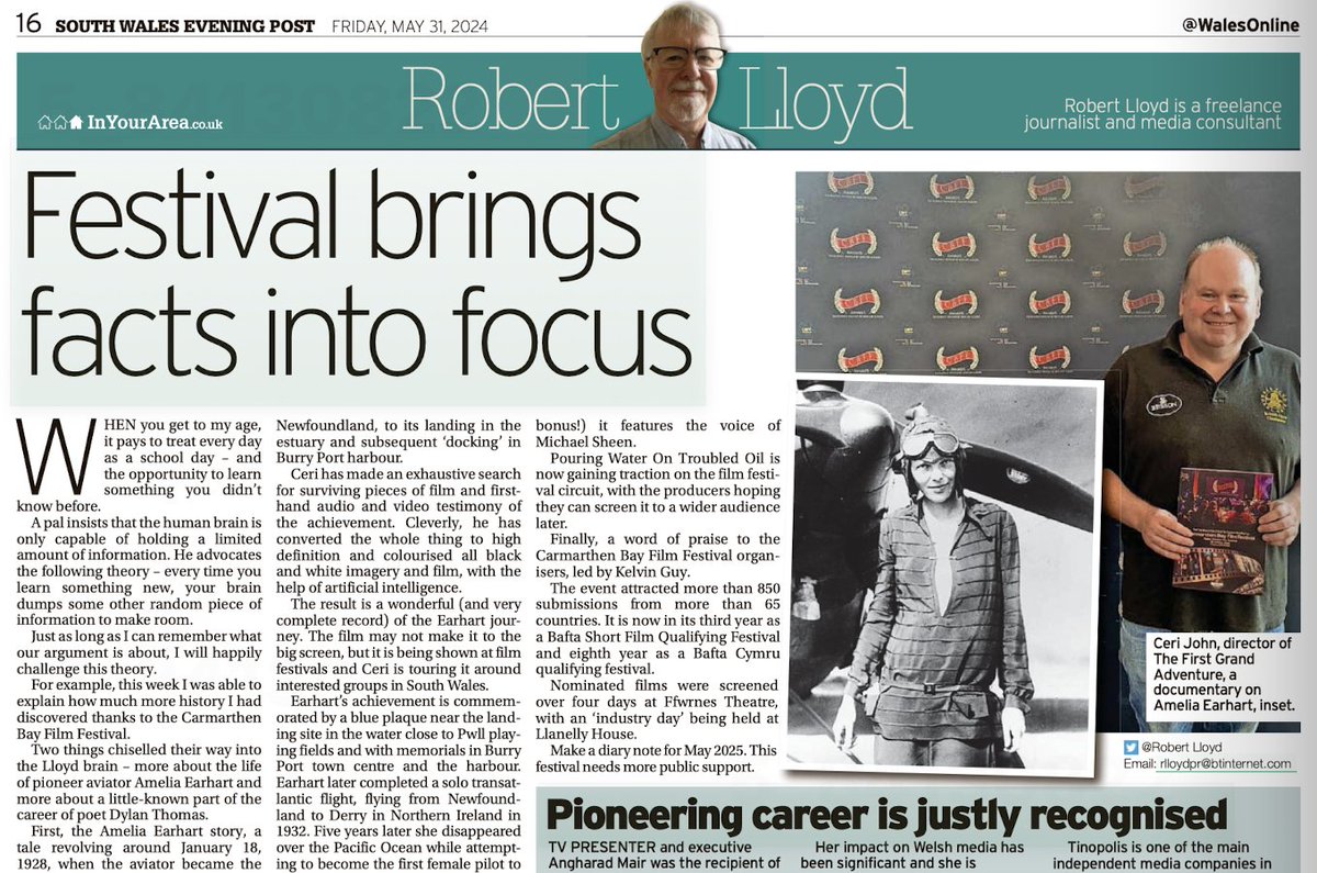 This chap <a href="/rlloydpr/">Robert Lloyd</a> has his weekly column in the South Wales Evening Post today. This week, he’s singing the praises of the Carmarthen Bay Film Festival <a href="/cbffwales/">#CBFF2025</a>
#Swansea #Llanelli #Neath #PortTalbot #Gorseinon #Carmarthen #SupportYourLocalPaper #buyapaper