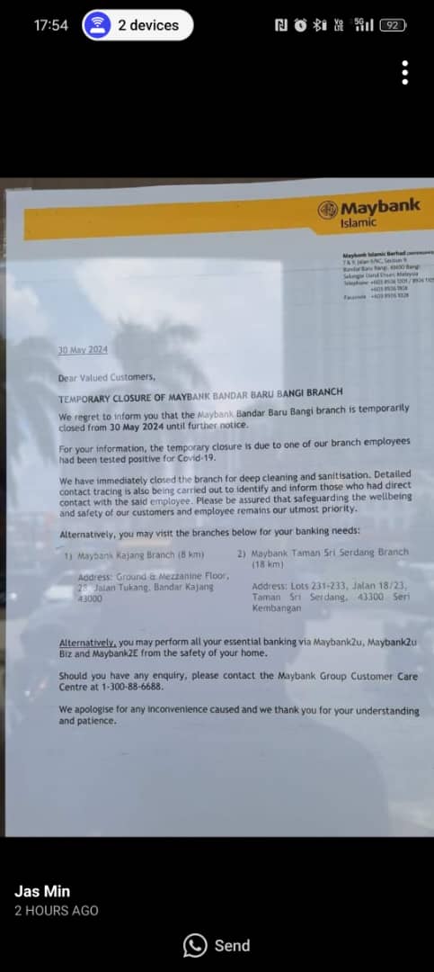 Circulated on Whatsapp. Maybank Bandar Baru Bangi branch is closed temporarily due to Covid outbreak. Is this true?