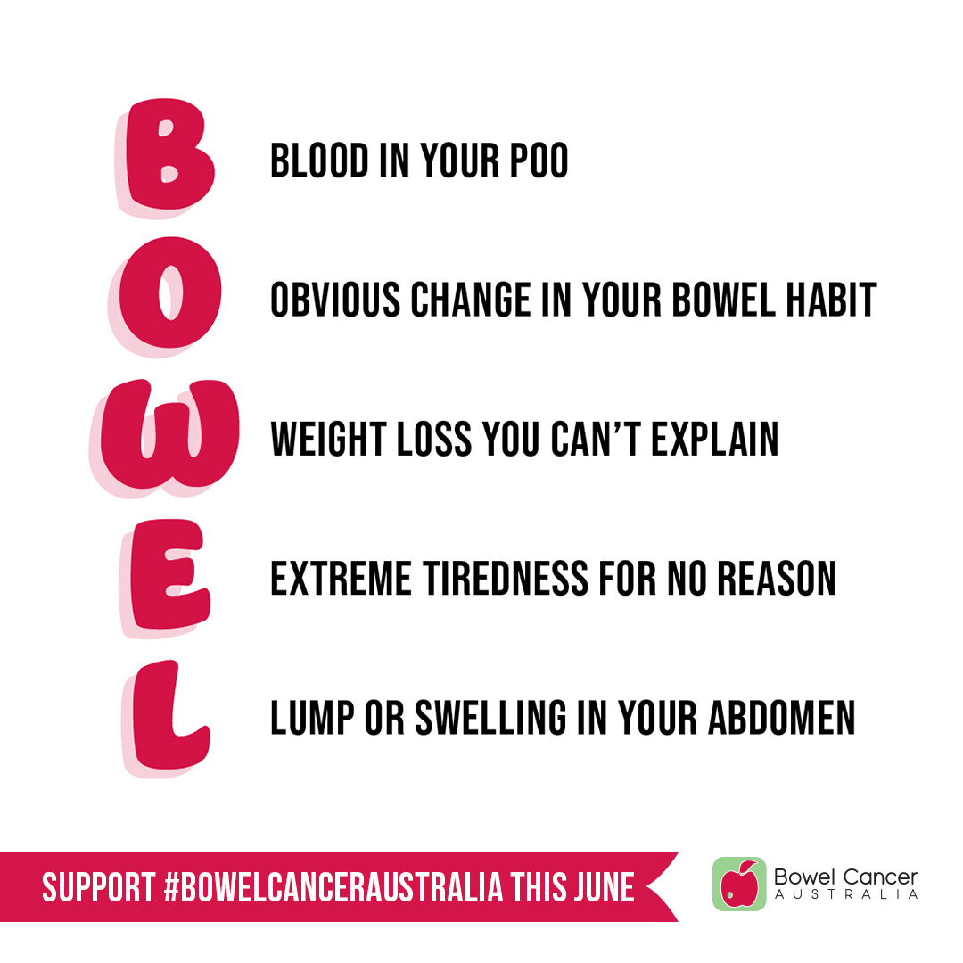 BowelCancerAust's tweet photo. Check your poo on June 2 and commit to prioritising your health. If you notice anything unusual, or if you have any of the B-O-W-E-L red flag symptoms, contact your GP or specialist immediately.

#BowelCancerAwarenessMonth
#BowelCancerSymptoms
#BowelCancerScreening https://t.co/xxVul6xJhf