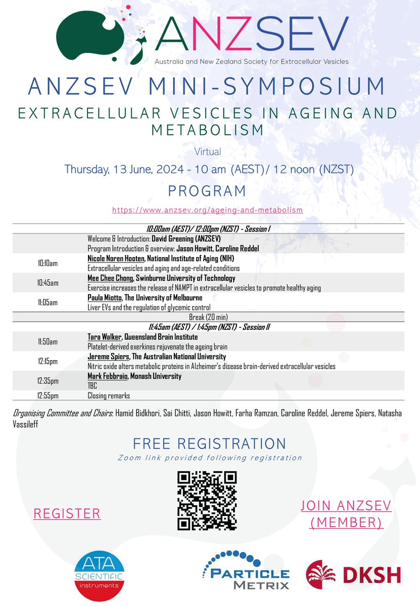 ANZSEV (@anzsevresearch) on Twitter photo #ANZSEV welcomes you to our next mini-symposia on #metabolism #ageing #exerkines #exercise #EVs
Who: All welcome (FREE)
When: 13 Jun - 10.00am AEST
Program & Speaker Lineup and registration here: anzsev.org/ageing-and-met…
@IsevComms <a href="/SNEVresearch/">Student Network on EVs</a> #ANZSEV welcomes you to our next mini-symposia on #metabolism #ageing #exerkines #exercise #EVs
Who: All welcome (FREE)
When: 13 Jun - 10.00am AEST
Program & Speaker Lineup and registration here: anzsev.org/ageing-and-met…
@IsevComms <a href="/SNEVresearch/">Student Network on EVs</a>
