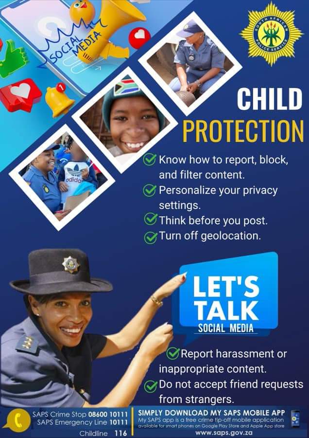 EdenvaleCPF's tweet photo. #CHILDPROTECTIONWEEK2024
29 May - 05 June 2024
Talk to your child about the dangers of social media
Any suspected abuse should be reported immediately.
SAPS 10111/112 Childline 116
Edenvale Child Protection Hotline 071 489 7582
#seesomethingsaysomething #iwill #everychildmatters https://t.co/UcrCJJq9Re