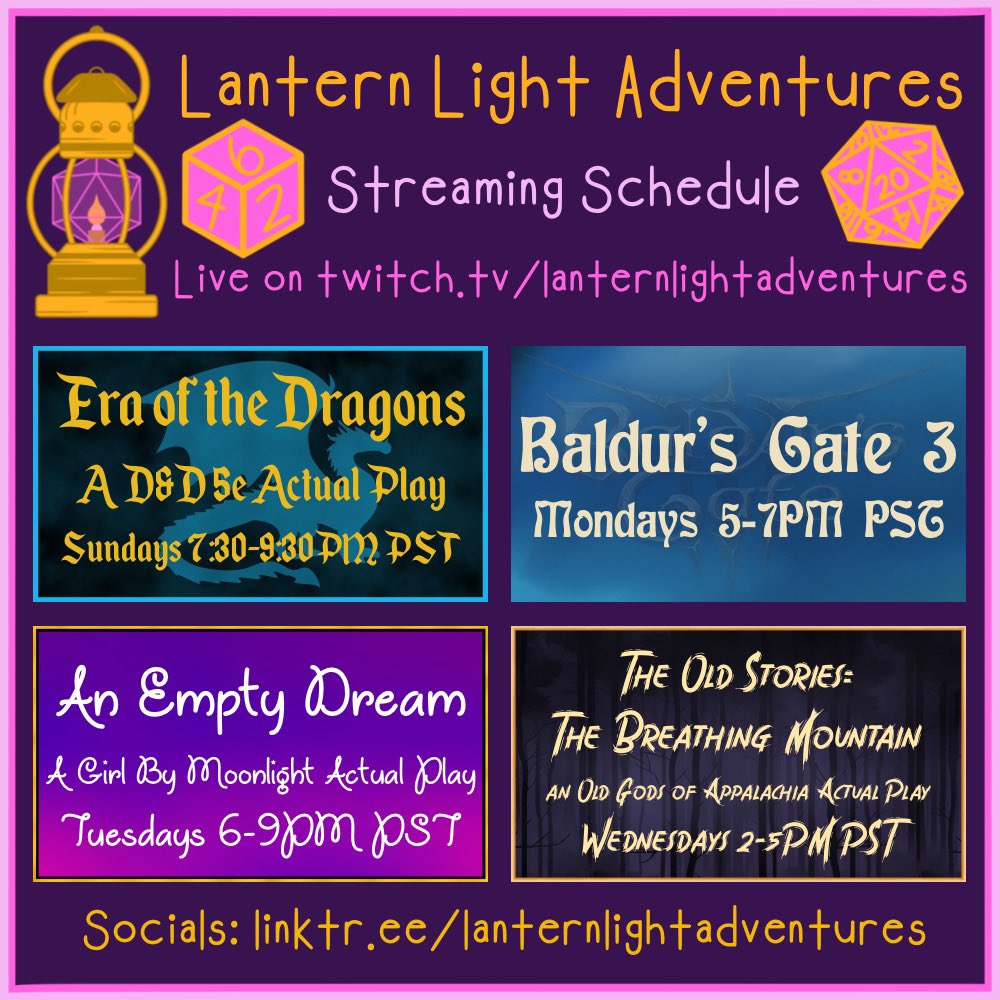 Here’s our weekly streaming schedule!! #ActualPlay #TTRPG #RPG #RolePlayingGames  #TableTopGames #TableTopRolePlayingGames #gaming #gamer #gaymer #gaymers #streaming #streamer #AlphabetMafia #TransTTRPGs #TransGamers