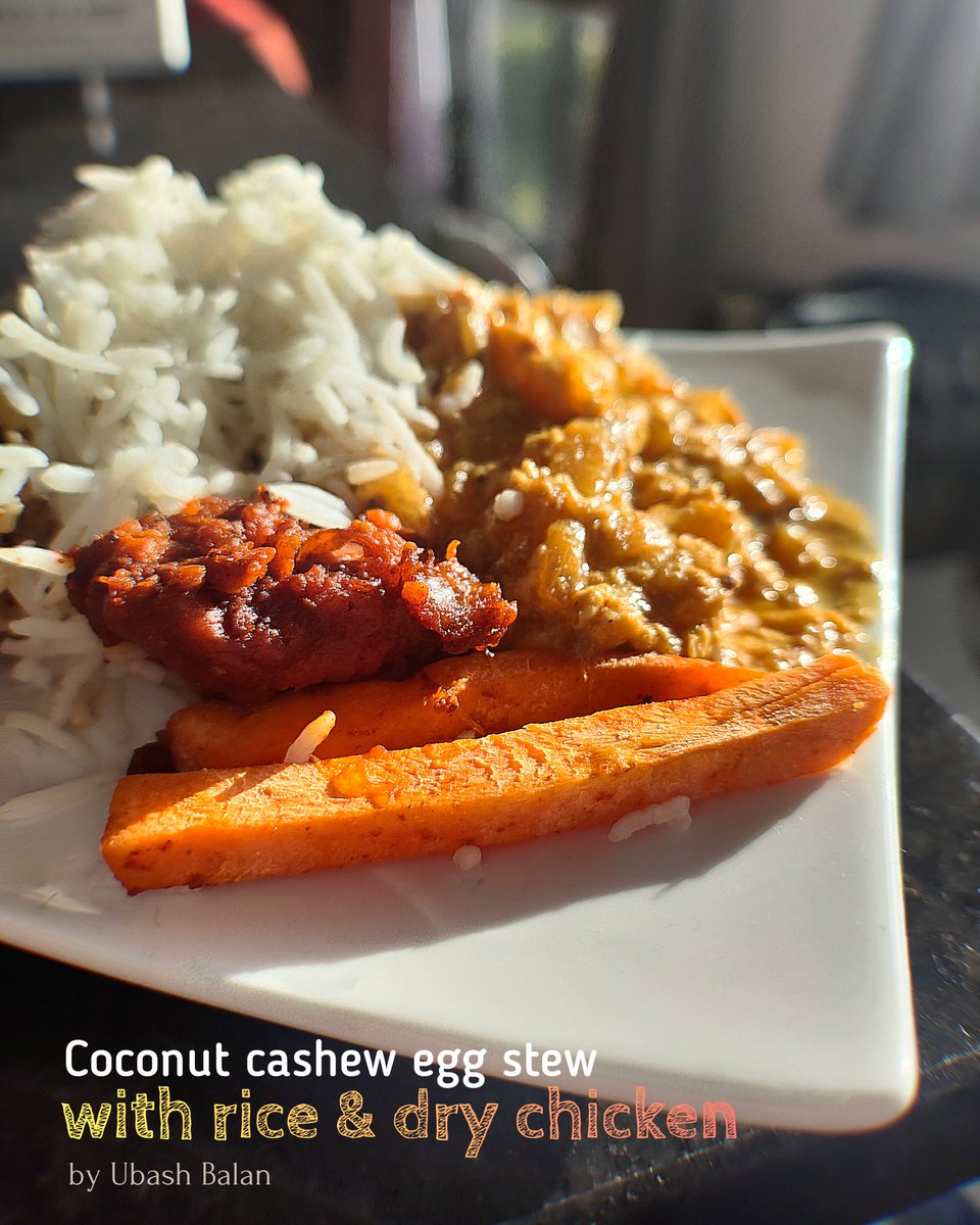 Talk Food 
I always wanted to try something new with eggs, I went radical. A stew for rice or roti, with cashew nuts and coconut milk. Dry chicken was an added dish at the end. Don't forget to have salad. #eggstew #eggcurry #coconutmilk #foodie #foodindia