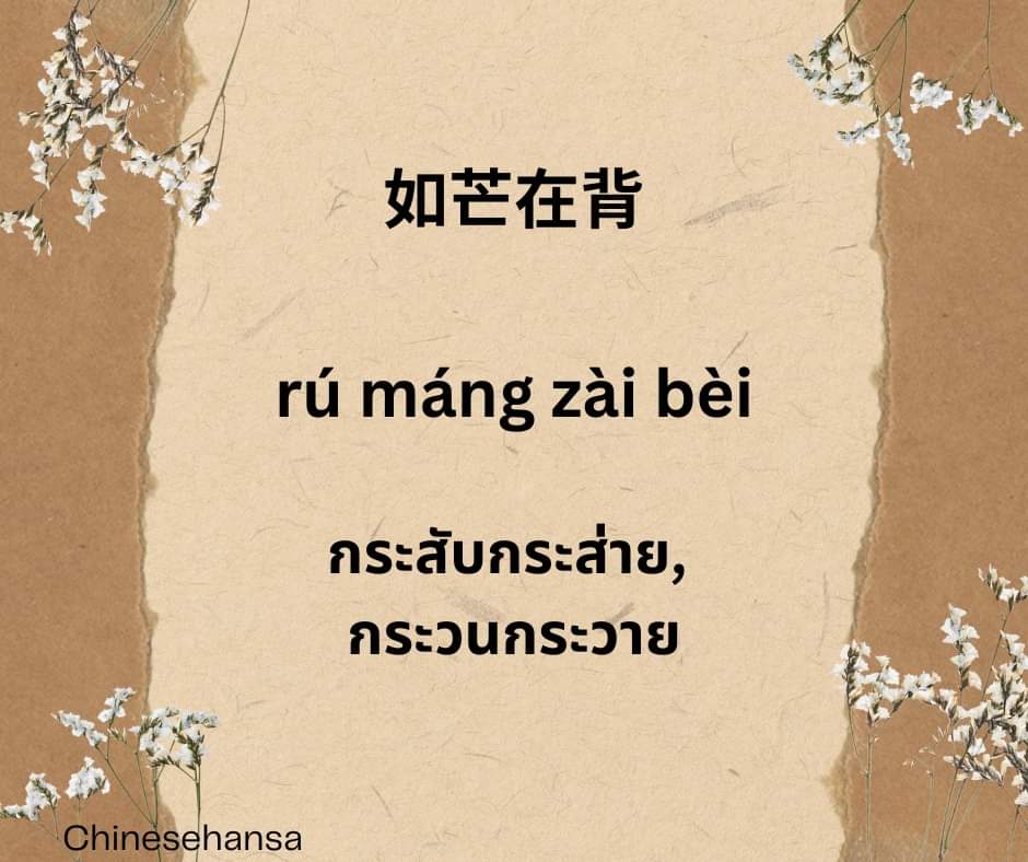 如芒在背 rú máng zài bèi (汉语成语) เหมือนแสงแทงหลัง เปรียบเทียบ กระสับกระส่ายมาก, นั่งไม่ติด
意思是好像有芒刺扎在背上一样，形容坐立不安（极度不安）。

#成语  #ศัพท์จีน #แปลภาษา #สำนวนจีน