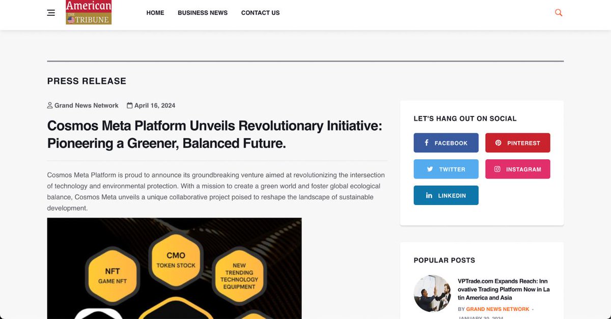 CosmosMetaNFT's tweet image. 🤑🤑🤑 Cosmos Meta is making waves globally and is emerging as a frontrunner in the crypto world.
🔣🔣🔣 Read it up:

apnews.com/press-release/…

tmcent.net/press-release/…

advanture.brandingnews.net/press-release/…

american.theustribune.com/press-release/…

arabinsiders.com/press-release/…