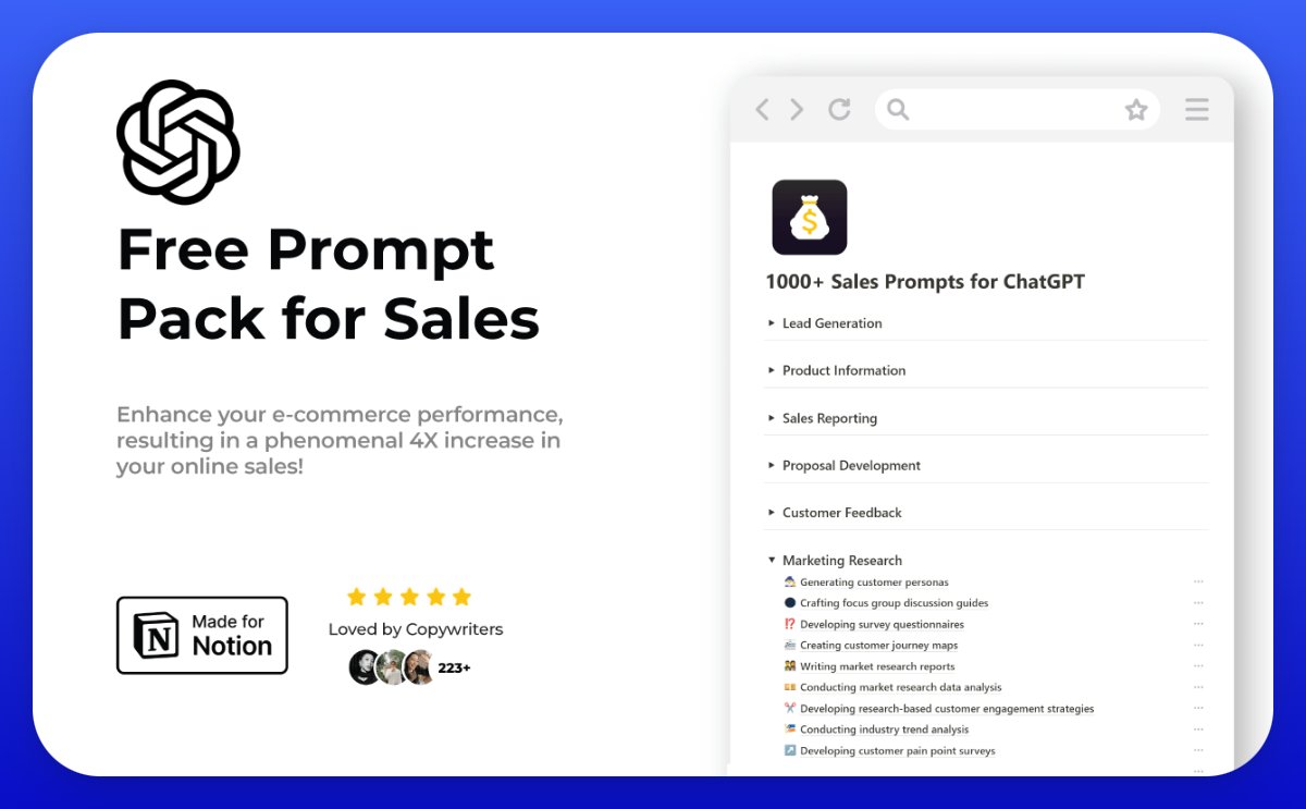 GPT-4o is insane!

You can use it like a salesperson for your eCommerce business.

But 99% of users don't know how to use it.

That's why we created this "Prompt pack for sales" to help you.

To get this for free:

1. Lik &amp; RT
2. Comment "Send"
3. Follow (So, I can DM you)