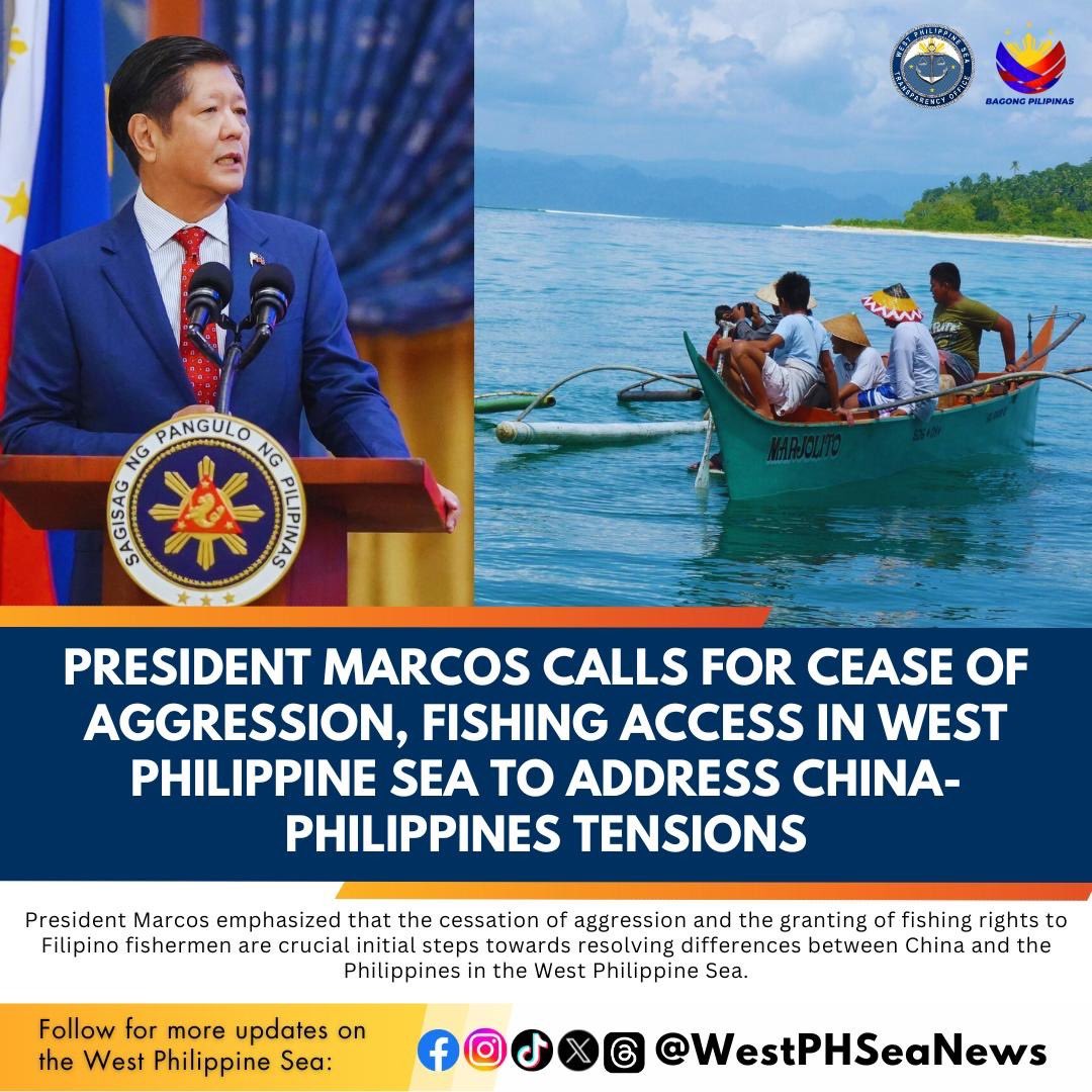 President Marcos insists that for China and the Philippines to reconcile their disparities, they must exhaust all possible avenues, prioritizing the cessation of aggression and the restoration of fishing rights for Filipino fishermen in the WPS

READ MORE: tinyurl.com/39u73ns5