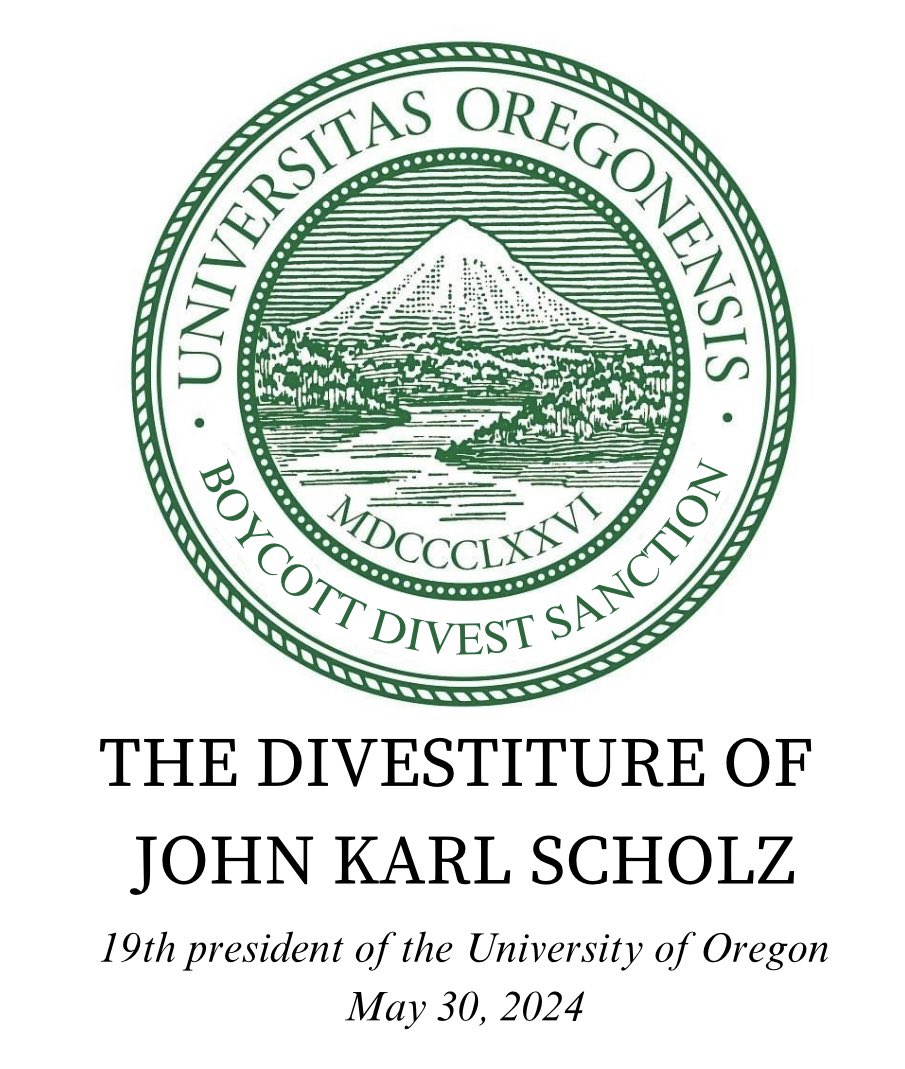 As the University of Oregon held investiture for President Scholz today, over 40,000 Palestinians have been killed including hundreds of university faculty, staff and students and three presidents of Palestinian universities.