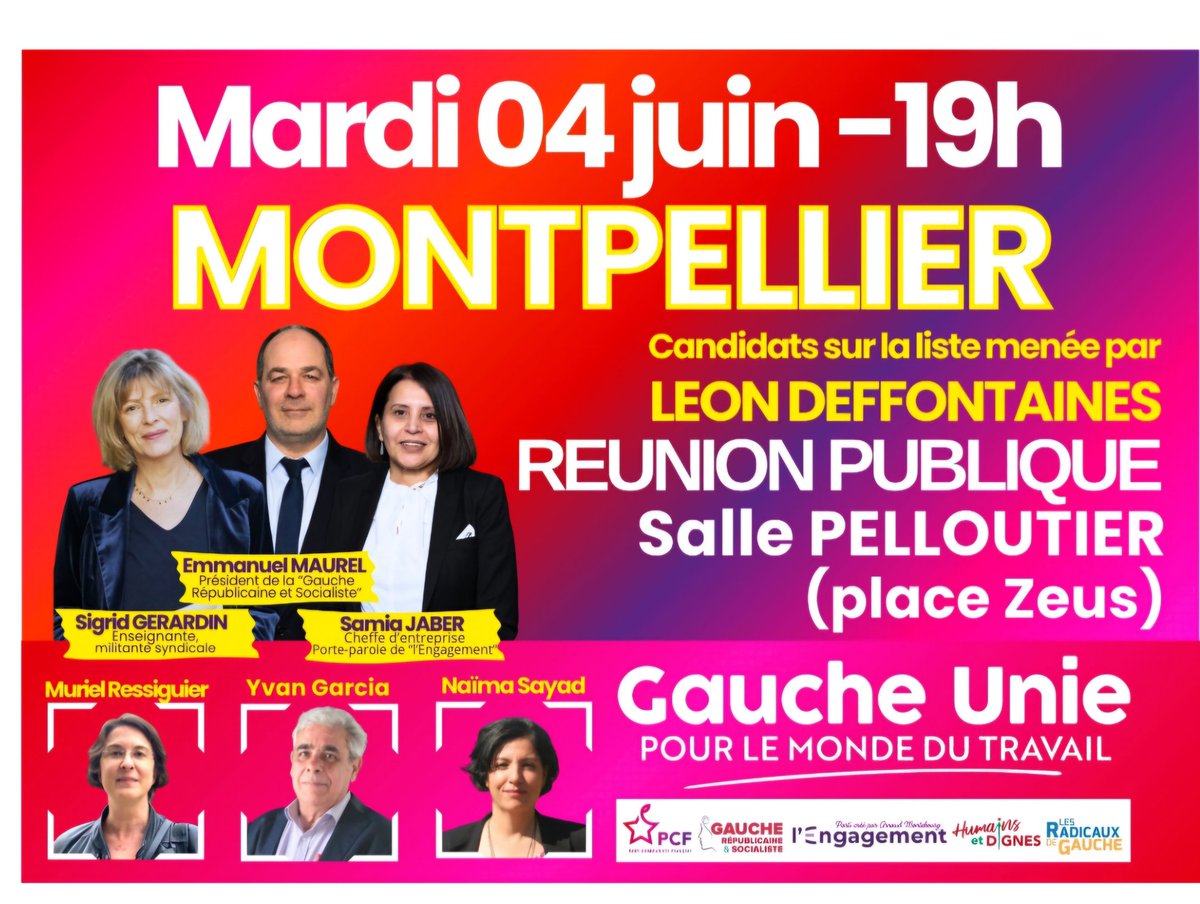 Hâte de retrouver <a href="/GerardinSigrid/">Gerardin Sigrid</a> ce mardi #4juin pour la liste #GaucheUniePourLeMondeDuTravail avec le <a href="/PCF/">PCF</a> 34 , avec mon camarade Yvan Garcia ✊🏻😉

Une campagne au côté de <a href="/MRessiguier/">Muriel Ressiguier</a> , <a href="/emmanuelmaurel/">Emmanuel Maurel</a> <a href="/Gauche_RS/">Gauche Républicaine & Socialiste #FrontPopulaire</a> <a href="/engagement_l/">l'Engagement</a>  derrière <a href="/L_Deffontaines/">Léon Deffontaines</a> ✊🏻
#Europeennes2024