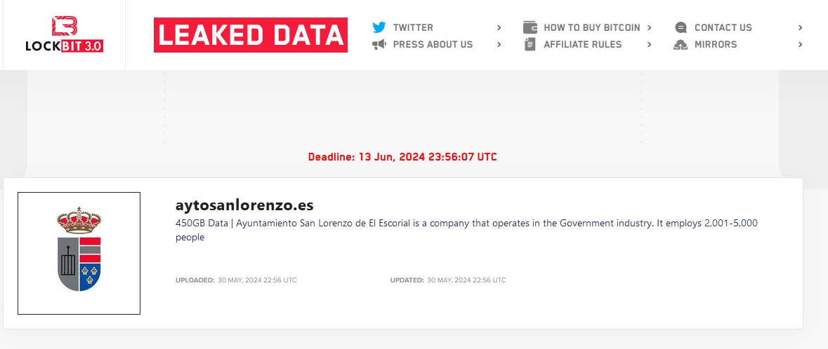 🚨 #CyberAttack 🚨

🇪🇸 #Spain: Ayuntamiento de San Lorenzo de El Escorial has been listed as a victim by the LockBit 3.0 ransomware group. 

The hackers allegedly exfiltrated 450 GB of data.

Ransom deadline: 13th Jun 24.

#Ransomware #LockBit