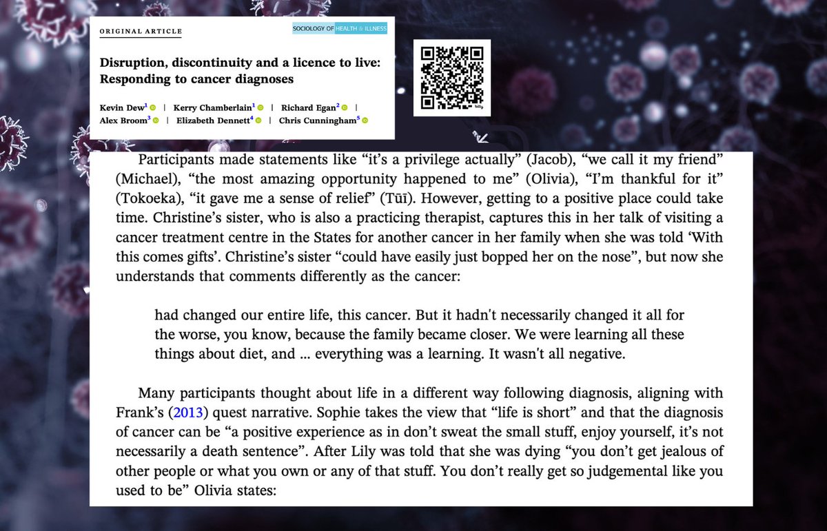 Although a cancer diagnosis is likely to evoke emotions of fear, panic &amp; anxiety, for some it can also provide an opportunity to live life differently.

New article in <a href="/SHIjournal/">Sociology of Health and Illness Journal</a> (co-authored by <a href="/BroomAlex/">Alex Broom</a>) on responses to a cancer diagnosis: bit.ly/3Rcgy8n