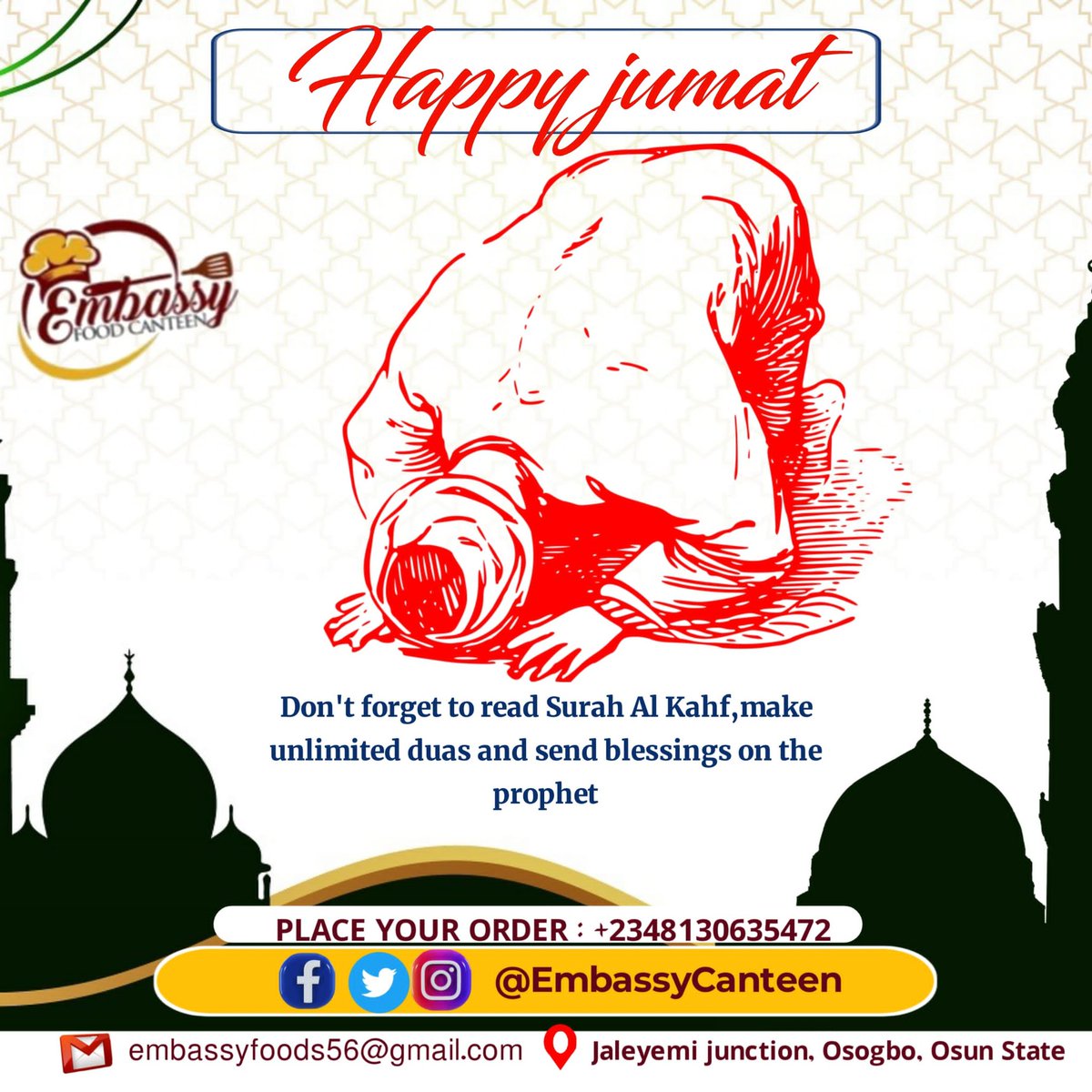 As we observe Jumma, may our hearts be at peace and our worries eased by Allah's grace.

#EmbassyFoodCanteen