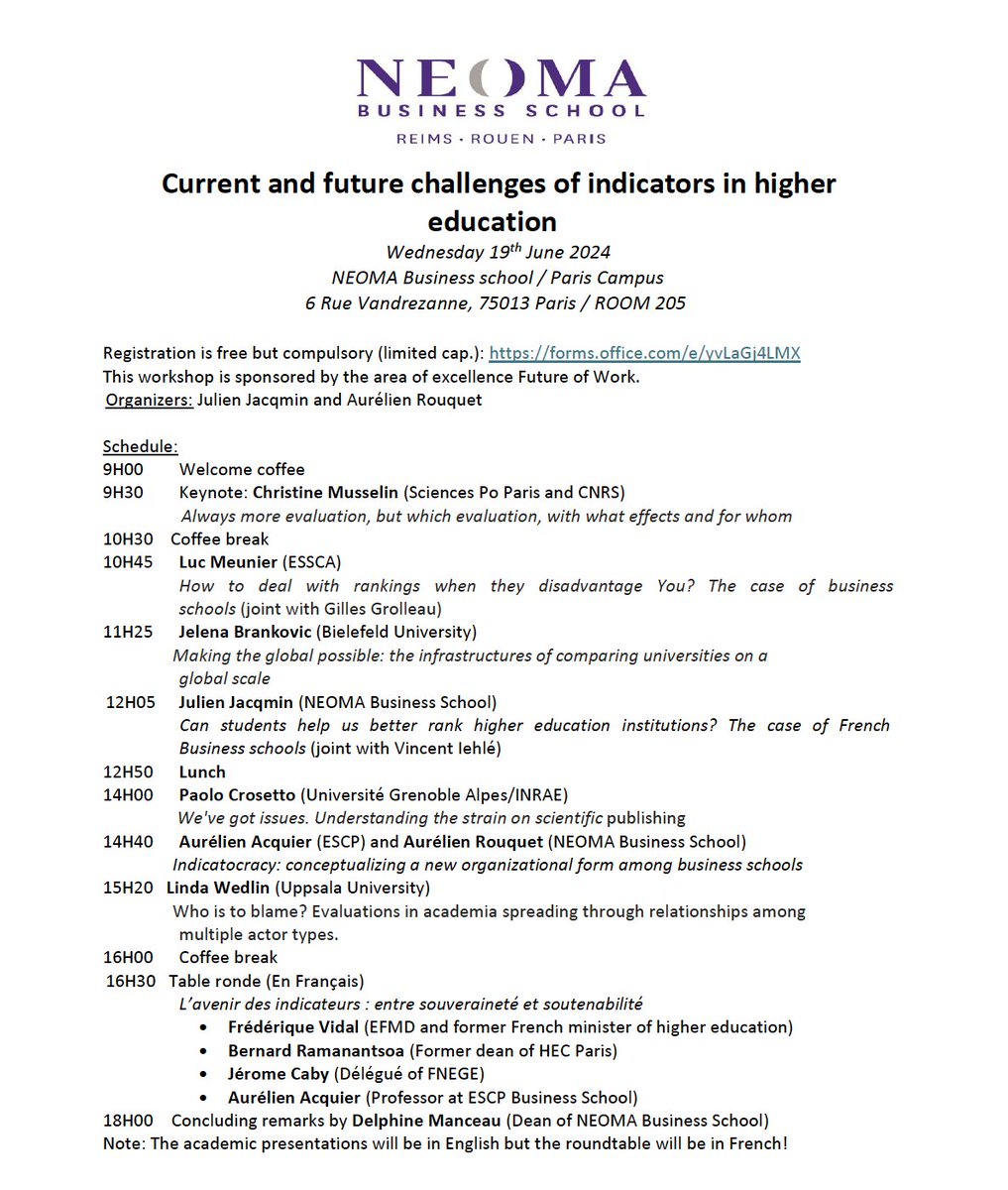 Interested in discussing the challenges of indicators in higher ed. with economists, sociologists & business scholars? Join us at @NEOMAbs Paris campus for this workshop on June 19th. ft. a.o. @PaoloCrosetto @jelena3121  @MusselinC @aacquier @VidalFrederique