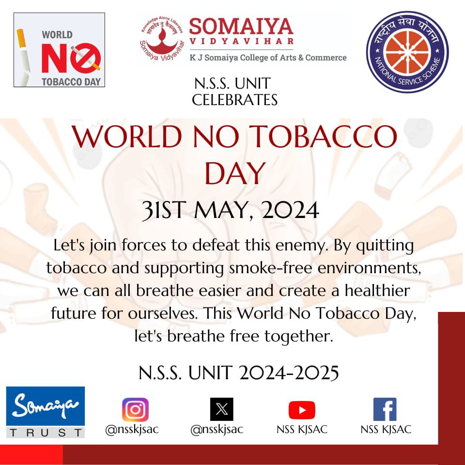 nsskjsac's tweet photo. The N.S.S. Unit of KJSAC celebrates World No Tobacco Day.

On this World No Tobacco Day, let us stand together and pledge to help others and ourselves to promote a smoke-free world, support those trying to quit, and make this world a better and healthier place to live.💫 https://t.co/i19nLTJXrY