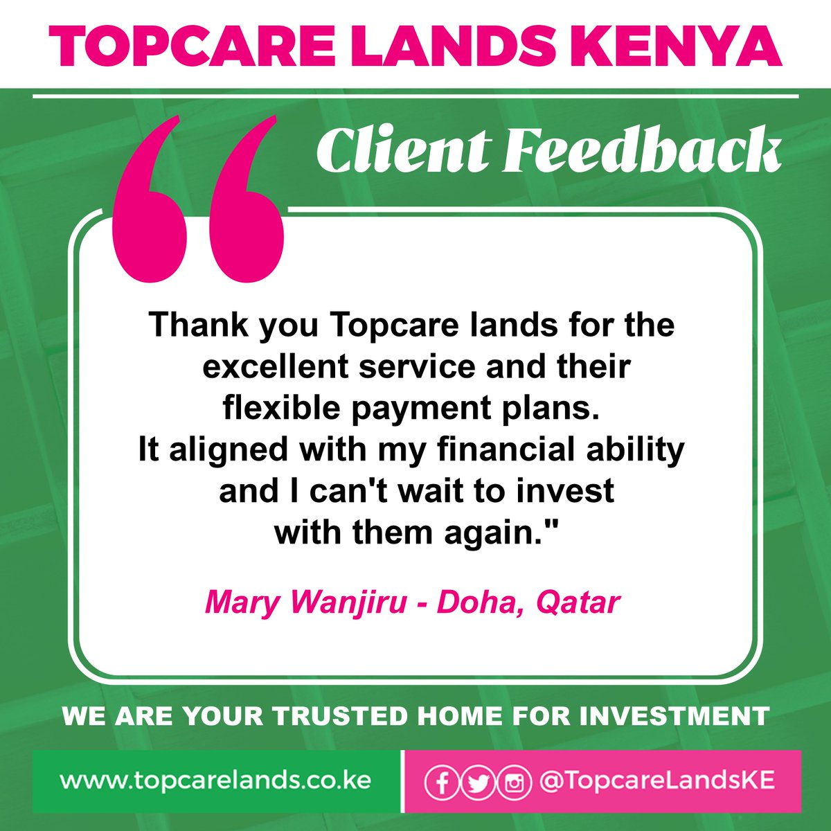 To our diaspora people, our services are top notch. Mary amejinyakulia title deed all the way from Doha, Qatar. Get yours today courtesy of Topcare Lands Kenya. We are built on Trust!
#BuiltOnTrust #topcaredelivers #diaspora