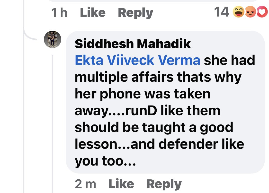 Ekta Viiveck Verma (Rastogi) (She/Her) (@ektavverma) on Twitter photo Troll threatened me by commenting on an article I also commented on by saying I need to be taught a lesson like the “runD” in the news article
<a href="/MumbaiPolice/">मुंबई पोलीस - Mumbai Police</a> what will you do? Will you trace this guy & ensure my safety?
<a href="/CybercrimeCID/">Cybercrime CID ಸೈಬರ್ ಕ್ರೈಮ್ ಸಿಐಡಿ</a> Troll threatened me by commenting on an article I also commented on by saying I need to be taught a lesson like the “runD” in the news article
<a href="/MumbaiPolice/">मुंबई पोलीस - Mumbai Police</a> what will you do? Will you trace this guy & ensure my safety?
<a href="/CybercrimeCID/">Cybercrime CID ಸೈಬರ್ ಕ್ರೈಮ್ ಸಿಐಡಿ</a>