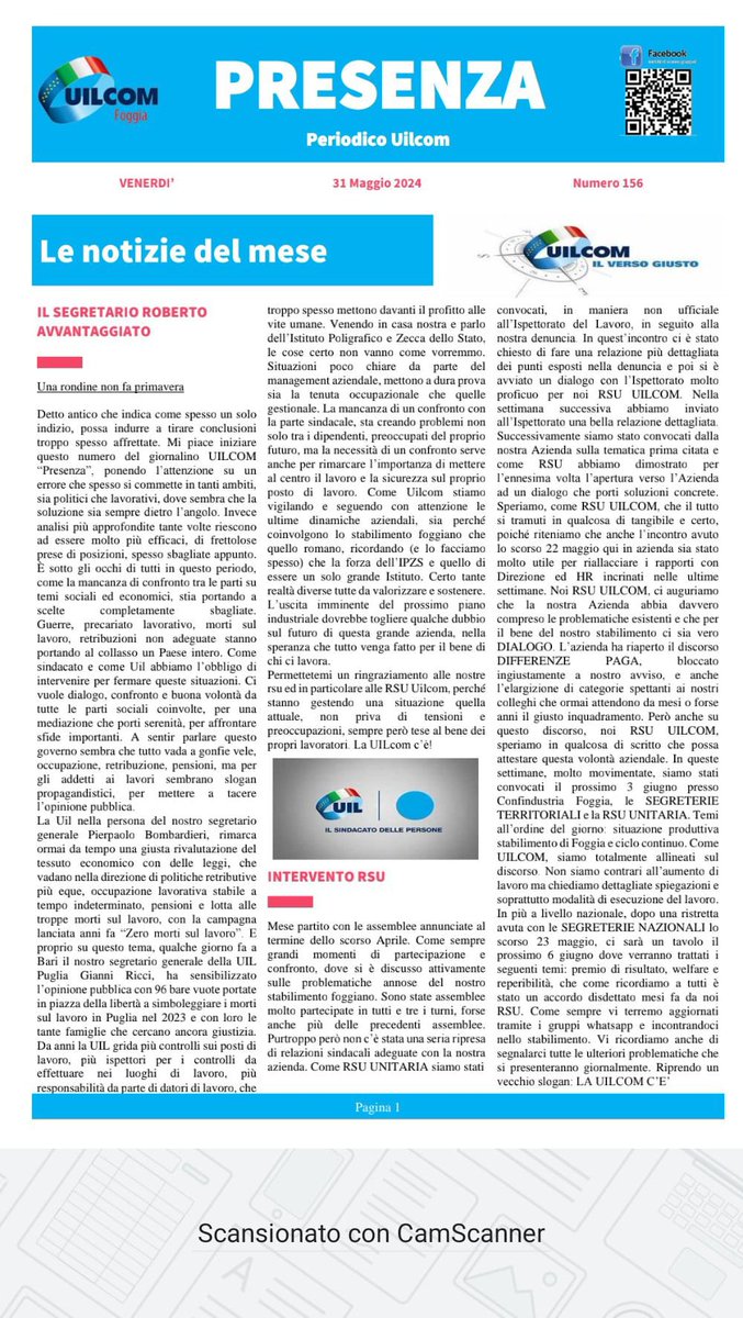 Buongiorno e buona lettura con il giornalino UILCOM Foggia 'Presenza'👍👍💙