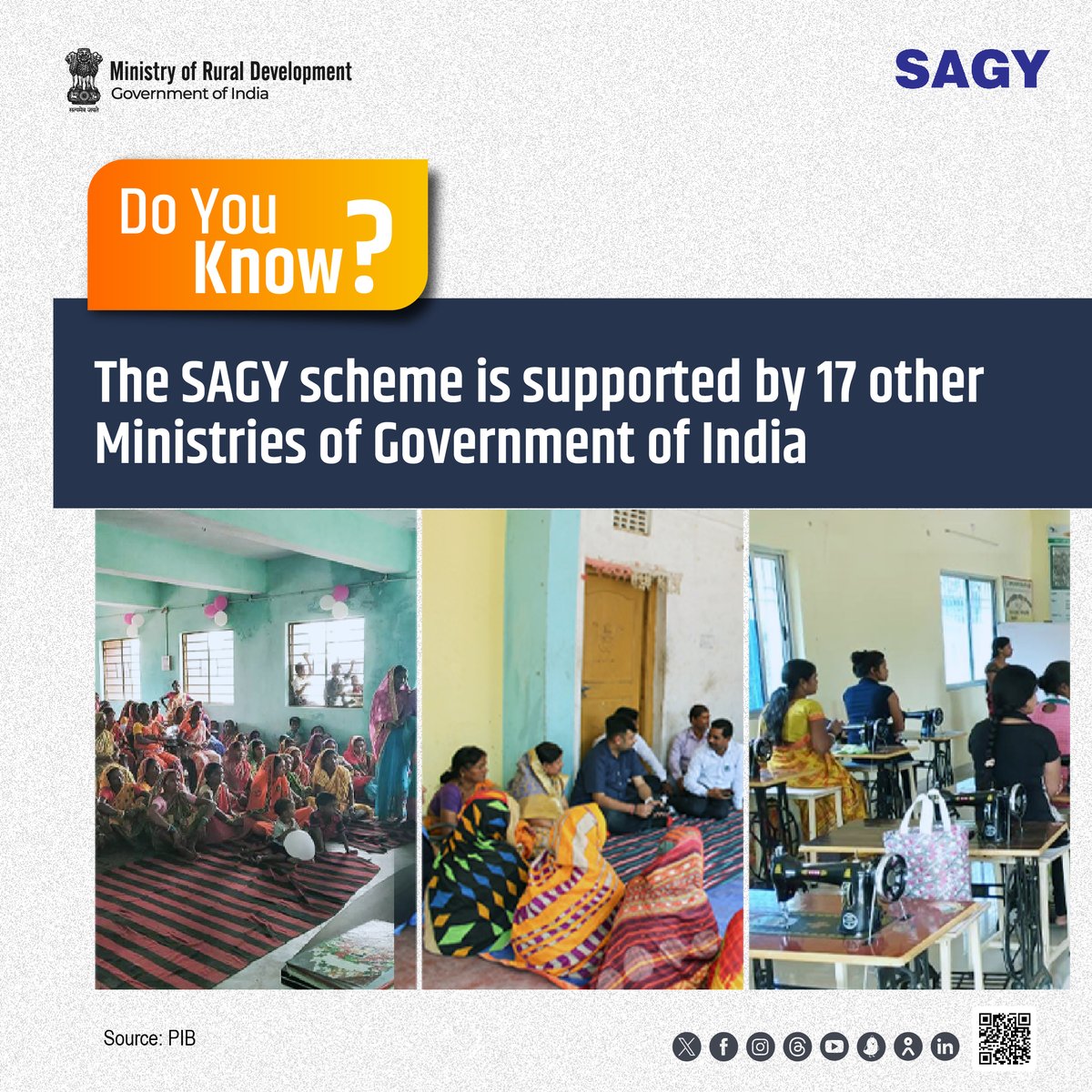 #DoYouKnow | Saansad Adarsh Gram Yojana scheme is supported by 17 other Ministries of the Government of India. The schemes of the Ministries have been amended to accord priority to the #SAGY program. Read: bit.ly/45lk1Yl #MoRD #RuralDevelopment #VillageDevelopment