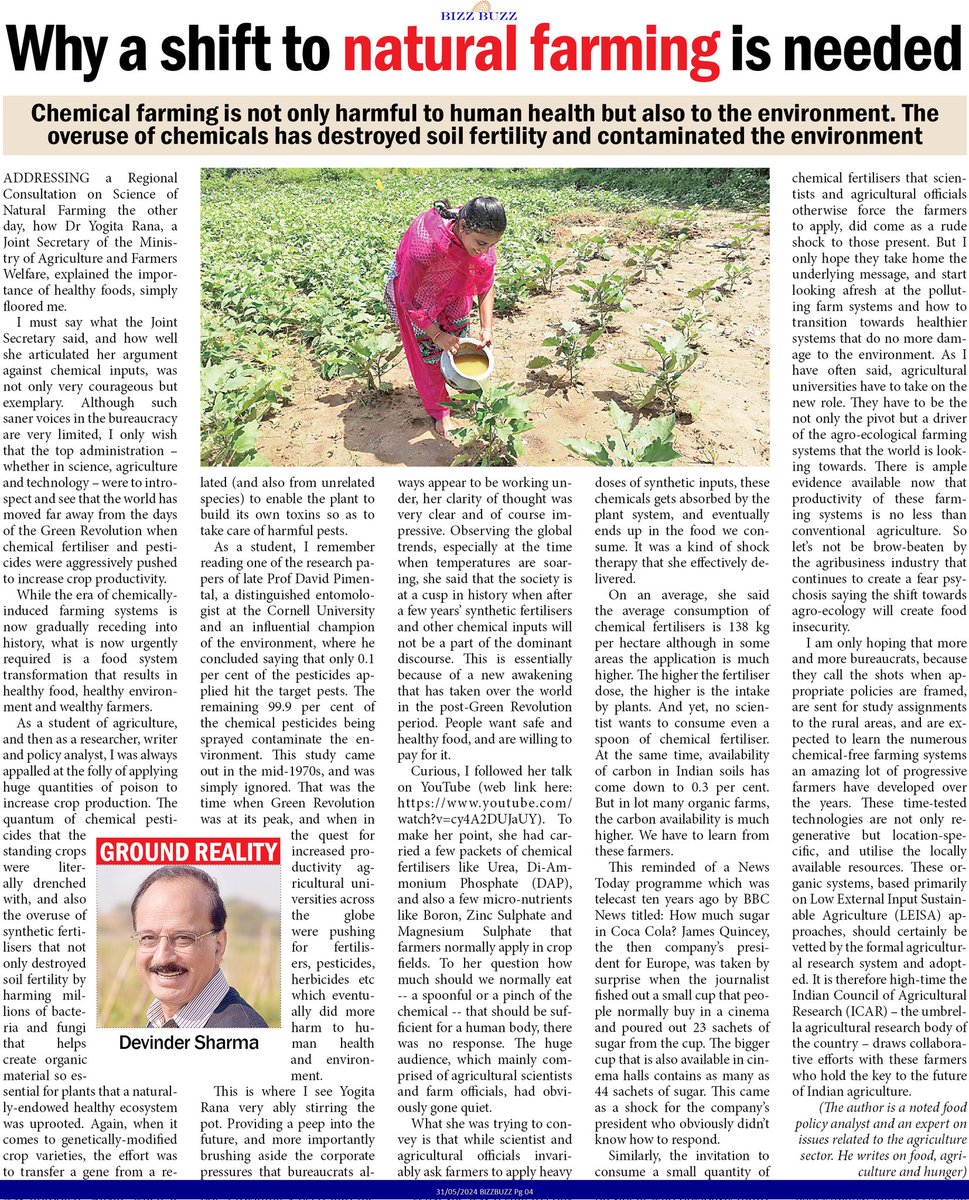 What is urgently required is a transition towards a food system that leads to Healthy Food, Healthy Environment and Wealthy Farmers. My article today #bizzbuzz. #climatechange #agroecology