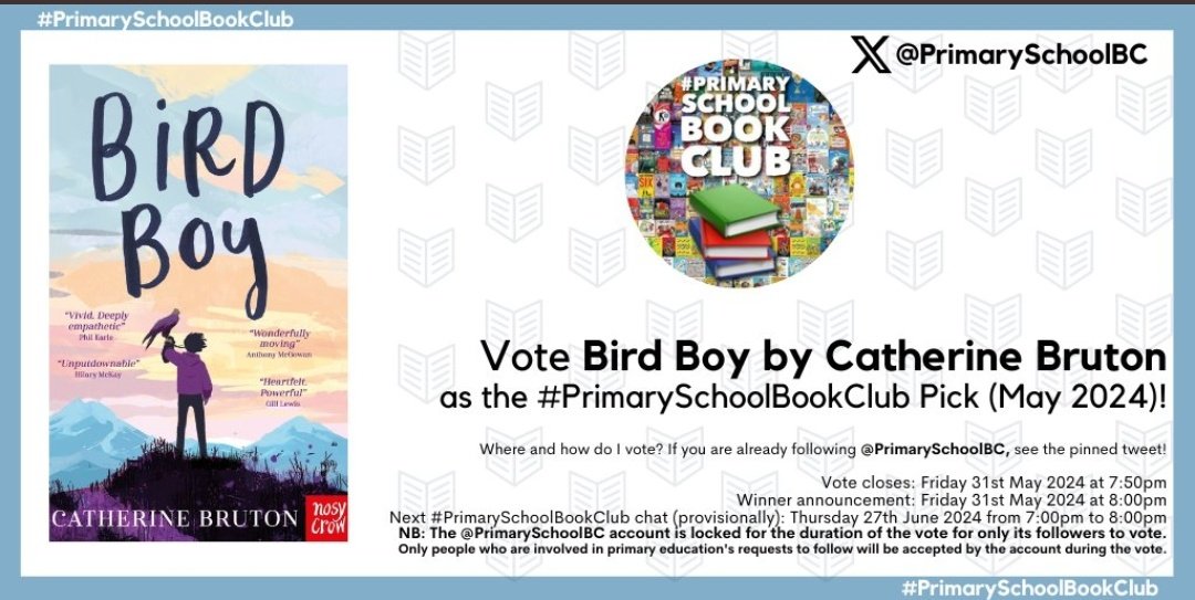 Honoured that 'Bird Boy' is in the #PrimarySchoolBookClub vote alongside amazing other titles by @jasinbath @tompalmerauthor @alastair_ch and many more! If you fancy giving it a flutter head to @PrimarySchoolBC and go to the pinned tweet to vote! @hannah_prutton @NosyCrow