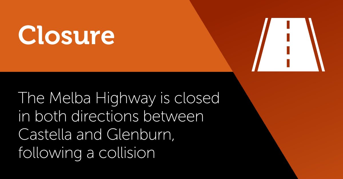The Melba Highway remains closed in both directions between Castella and Glenburn, following a collision. Victoria Police are diverting drivers. For access between between the Yarra Valley and Yea divert via Kinglake West and Flowerdale allowing extra travel time. #victraffic
