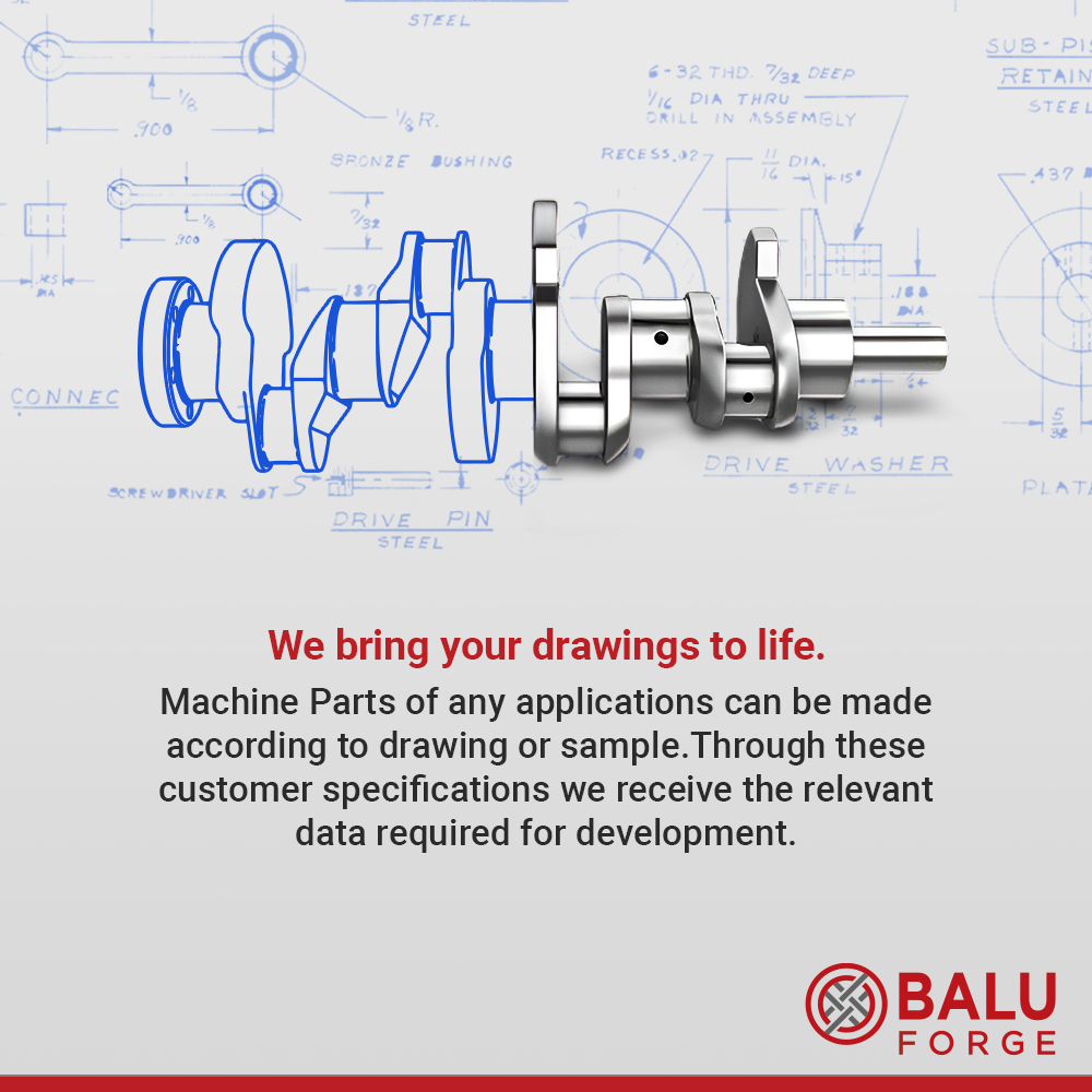 Turning your dreams into steel!  Balu Forge brings your drawings to life. Machine Parts of any application can be made according to drawing or sample.
#BringYourIdeasToLife #Balu #BaluForge #Crankshaft #Manufacturing #CrankshaftMaintenance