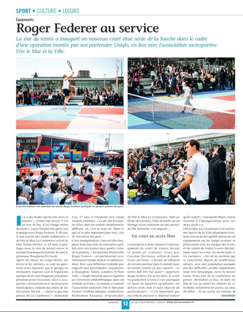 Regards 📕 N°622 / May 30-Jun 12
A report on Roger Federer's visit to La Courneuve 🇫🇷  On Wednesday May 22, the new tennis court decorated by the artist Caroline Derveaux, located on Sente de la Souche, was inaugurated in the presence of #RogerFederer 🎾 lacourneuve.fr/publications/2…