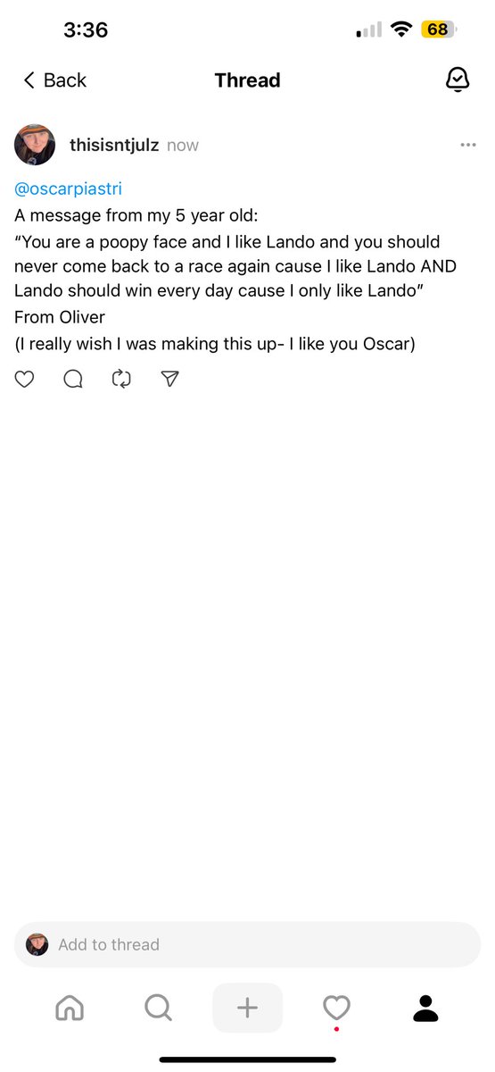 julzmaggie's tweet photo. @OscarPiastri posting this here to double the chances of you seeing it. Kid INSISTED I pass on the message
I’m sorry😂😂😂😂 https://t.co/dmMleLHJMP