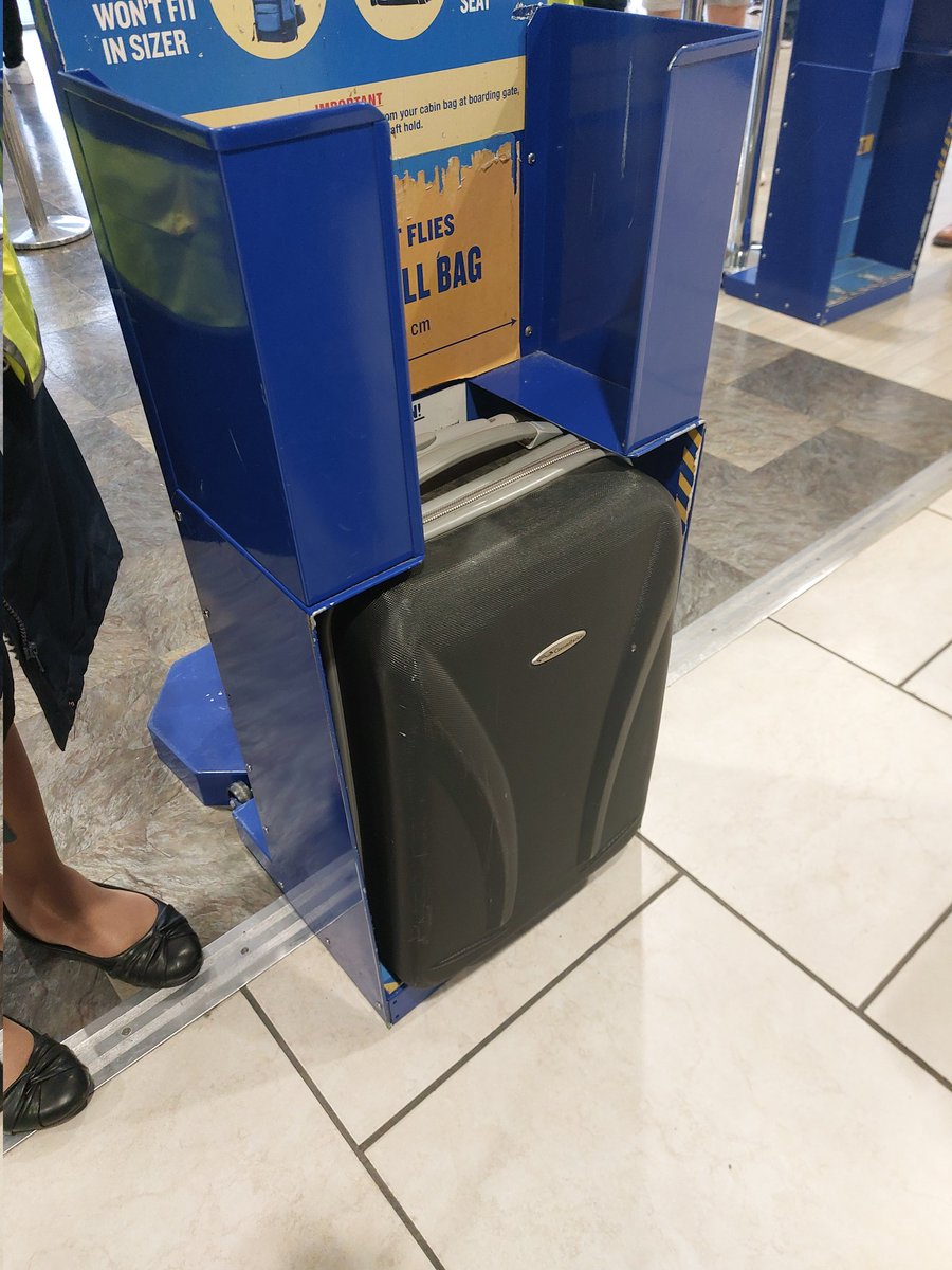 DD19673's tweet photo. A new low for @ryanair at #eastmidlandsairport this morning. Apparently this bag is out of gauge and just cost us £69.99 

#shameless Ryanair and the smug gate staff. https://t.co/xG6b76wwvj