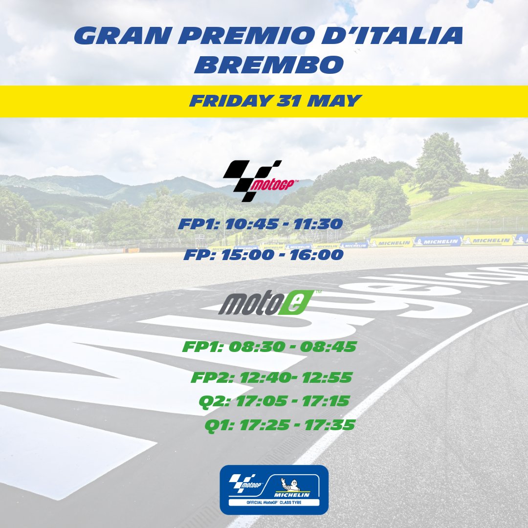 Ciao @MugelloCircuit 

What is the programme of the Day 1 of #ItalianGP? 

#MichelinMotoGP #OfficialGripSupplier