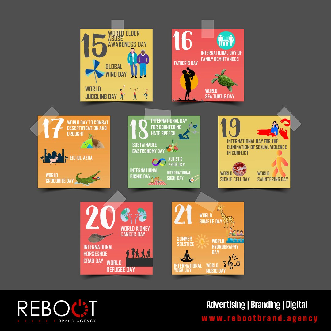 Rebootbrand's tweet photo. Here's a handy guide to #topicaldays falling in June. You can thank us now or later 😌

#TopicalMarketing
#TopicalSpot
#Topical

#RebootBrandAgency
#Advertising
#Branding
#Digital https://t.co/dm0Wox1wm3