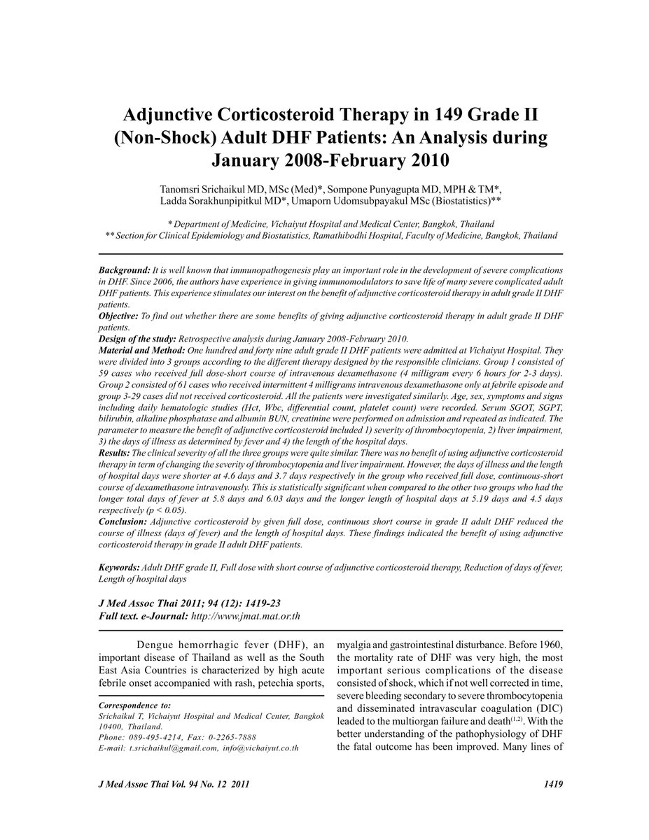 Adjunctive corticosteroid therapy in 149 grade II (non-shock) adult DHF patients: an analysis during January 2008-February 2010 dlvr.it/T7db2P