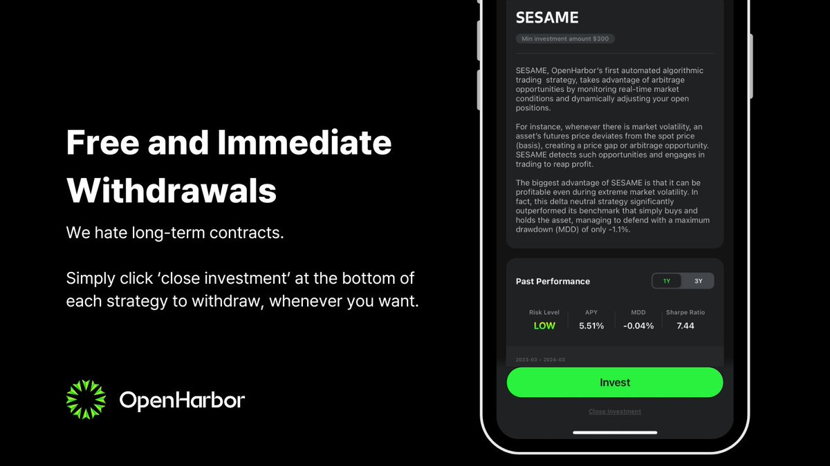 Hedge funds try to lock you up in long-term contracts, but it’s your money and you should be able to decide what you want to do with it.

#OpenHarbor offers free and instant withdrawals. Just click 'close investment' any time you want. #freedom