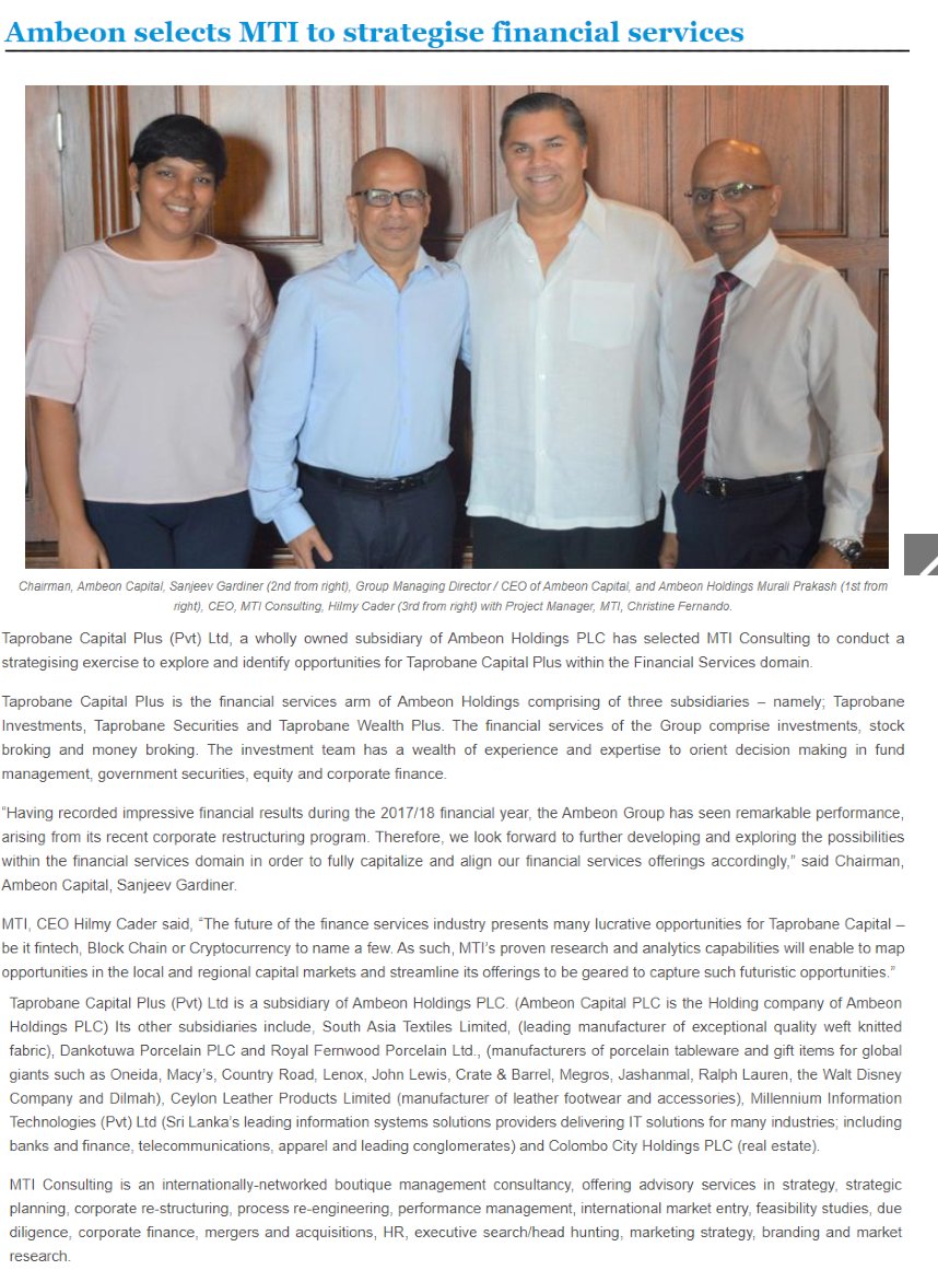 mtiworldwide's tweet image. Reflecting on our strategizing exercise with TaprobaneCapital Plus (Pvt) Ltd back in 2018.
Read the full article :
mtiworldwide.com/2024/05/21/amb…

#MTIConsulting #StrategyConsulting #Strategy #Consultancy #financialconsulting #corporatefinance