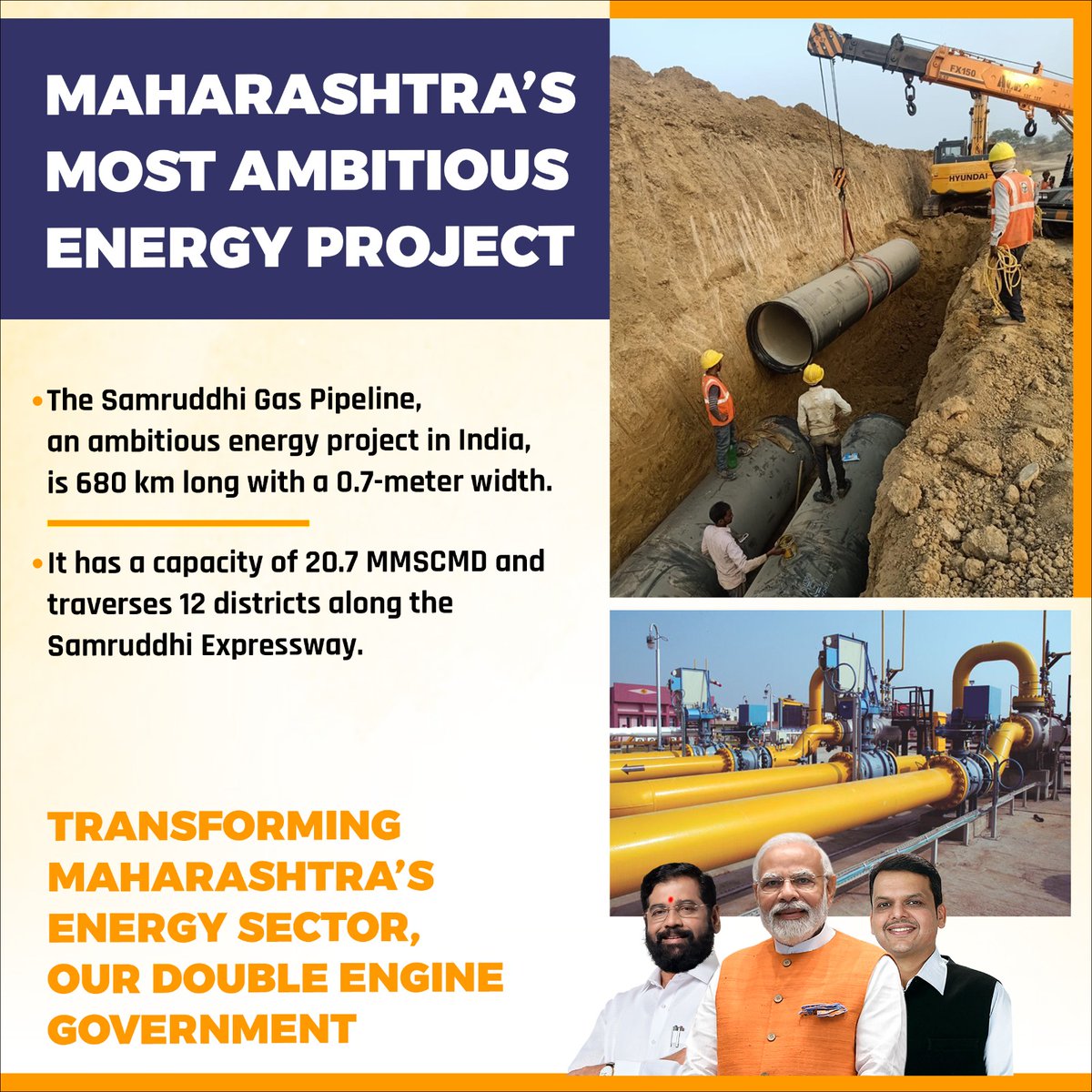 समृद्धि गैस पाइपलाइन सीएम एकनाथ शिंदे के नेतृत्व में महाराष्ट्र के विकास का प्रमाण है। 12 जिलों से होकर गुज़रने वाली और हमारी ऊर्जा क्षमता को बढ़ाने वाली यह परियोजना वास्तव में महत्वाकांक्षी है!