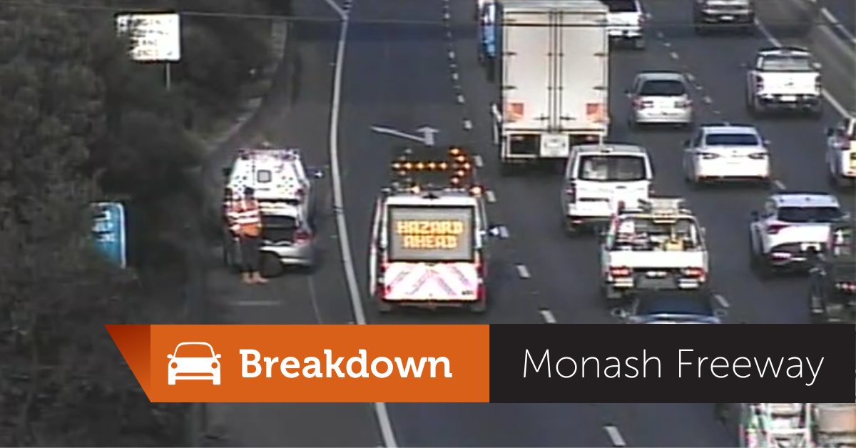 The left lane of the Monash Freeway is closed outbound at the Warrigal Road exit, due to a breakdown. Three lanes open with the speed at 40km/h. The VicRoads Incident Response Service are assisting. #victraffic