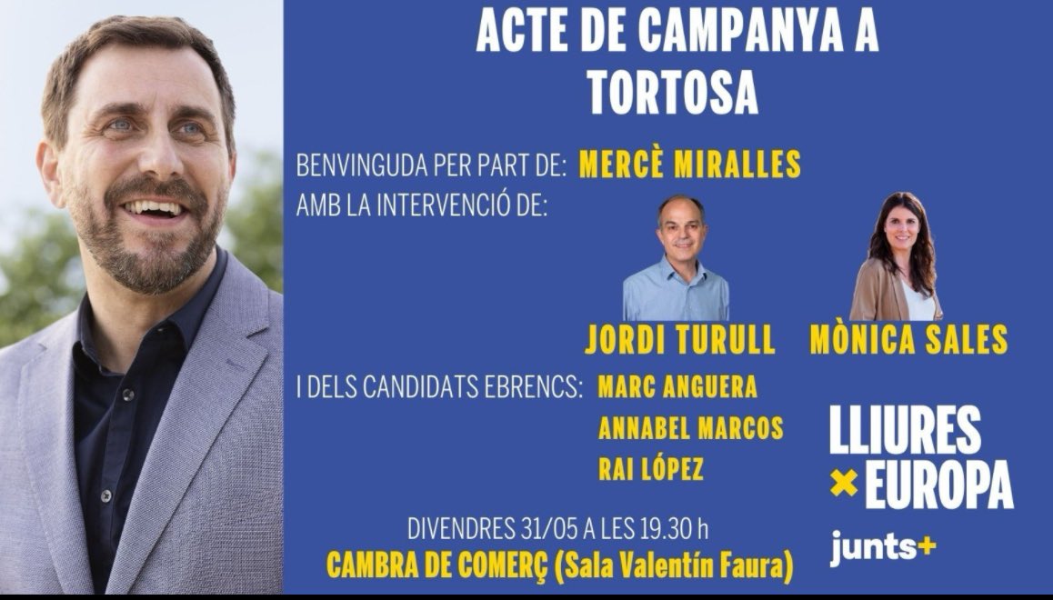 Aquesta tarda cap a #Tortosa a l’acte de Junts+LliuresXEuropa amb @mncsls @merce_miralles i tots els candidats ebrencs. 🗓️ Avui 31 de maig. 🕢 A les 19:30h. 📍 Cambra de Comerç (C/Cervantes, n.7) 🇪🇺 Per seguir guanyant a Europa!