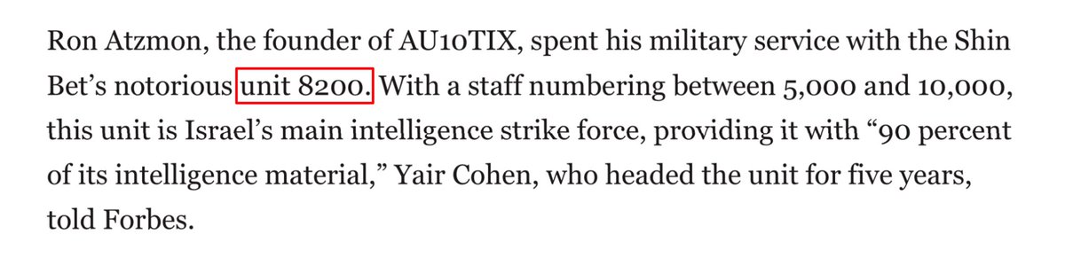 The founder of AU10TIX, Ron Atzomn, is a retired member of the IDF’s clandestine unit 8200, which provides Israel with 90% of its intelligence material. Follow: @AFpost