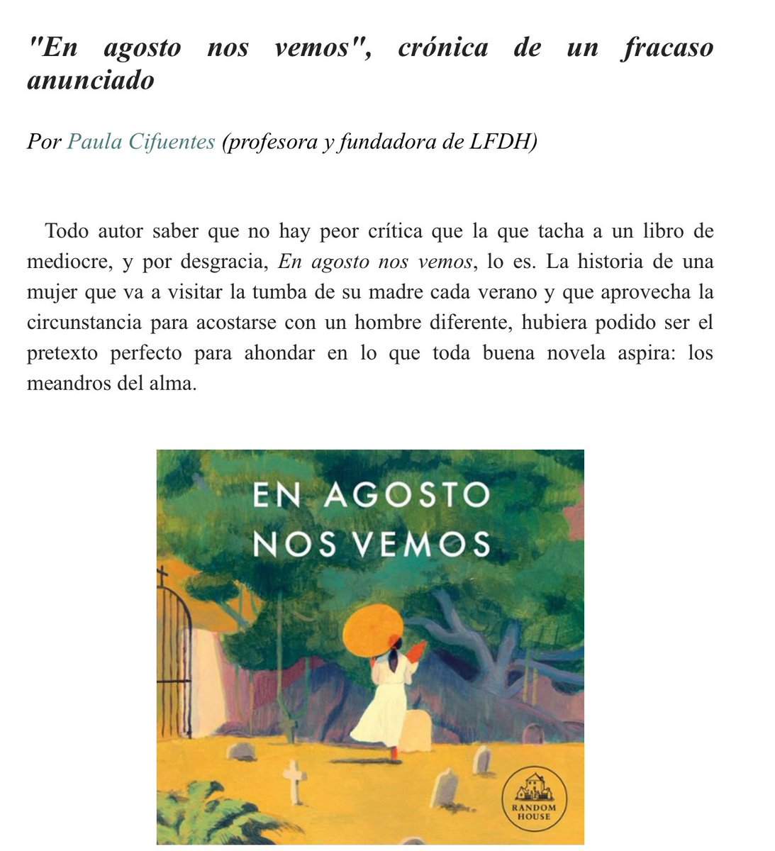 “En agosto nos vemos”, crónica de un fracaso anunciado

Por Paula Cifuentes (profesora y fundadora de LFDH)

Puedes leerlo completo aquí:

laforjadehistorias.com/de-nuestros-pr…

#enagostonosvemos #gabo #garciamarquez #novela #crítica #boletínlfdh #laforjadehistorias 📚