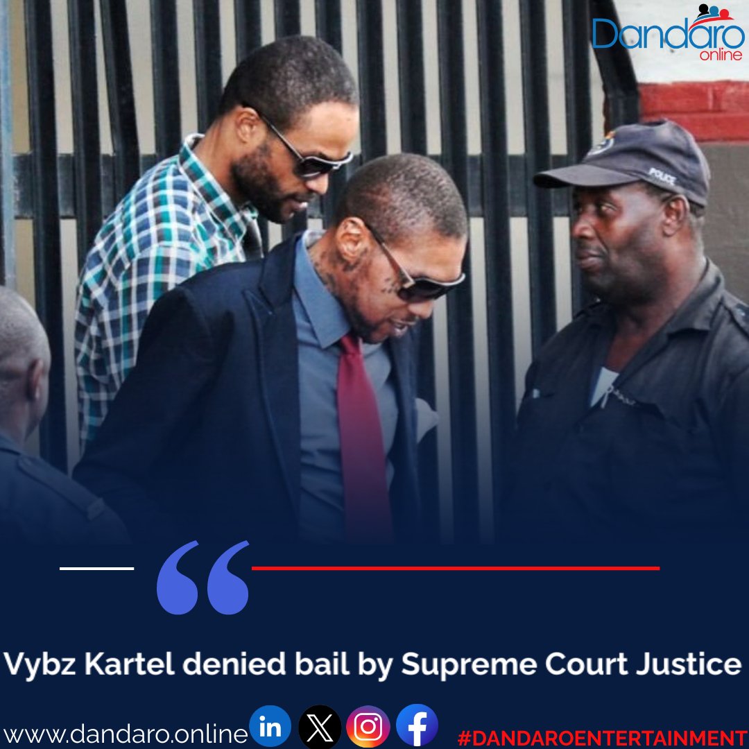 #dandaroupdates Vybz Kartel and his co-accused, Shawn 'Shawn Storm' Campbell and Andre St. John, will remain behind bars after Supreme Court Justice Andrea Thomas denied their bail application on Thursday. Read more: dandaro.online/2024/05/31/vyb…
