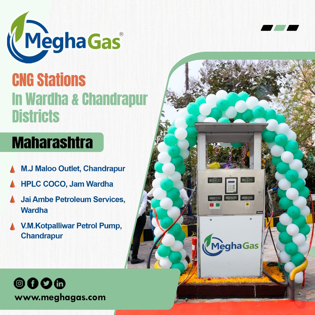 #MeghaGas has its presence in #Wardha & #Chandrapur districts. With 4 CNG Stations operating, we are getting ready with 2 more. Notably, we commissioned Wardha's 1st #CNG station. CNG is not only cost-effective, but also contributes to a greener future!
#Maharashtra #MCGDPL #MEIL