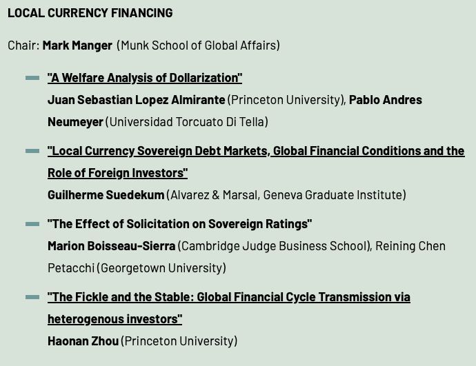 8am CET @MarkManger is leading a session on local currency financing incl. dollarization, sovereign ratings, & financial cycle transmission.Join @jsebastianla1, @andyneumeyer, @suedekum, @Haonan_Zhou @MBoisseauSierra, R. Chen, & Petachhi. Join online👇 buff.ly/4bIObXF