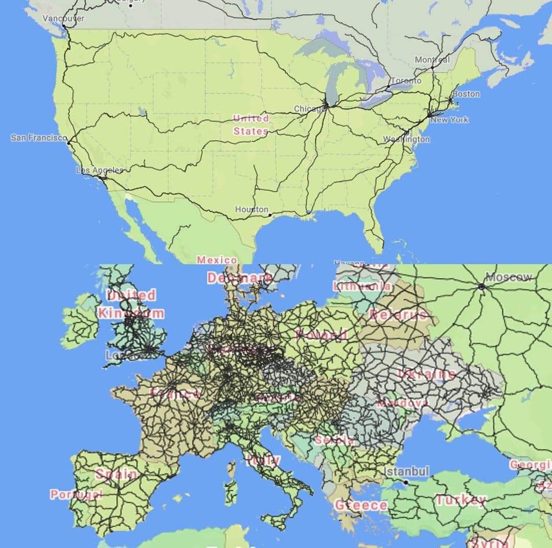 Passenger trains in the US vs Europe👇

Trains are undoubtedly one of the most environmentally friendly and low-carbon public transportation.

But Americans only like to take high gas-guzzling SUVs and high-carbon-emitting airplanes.

Americans don't care about our planet.🌏