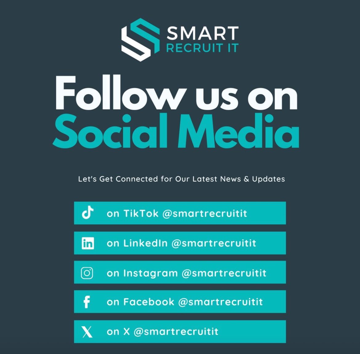 SmartRecruitIT's tweet image. Happy Friday Connections! ✨

🔄 Stay in the loop! 🔄

Remember to follow us across our social media platforms for all the latest updates, job postings, interview advice, career insights, polls, and much more. 📣

We&apos;re here to chat anytime. Come and say hey!🗣️👋

#SmartRecruitIT